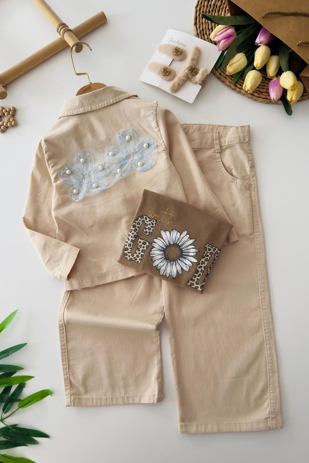 Miniğimin Cicileri Papatya Baskılı Taş Detaylo 3 lü Kız Çocuk Takım - Bej