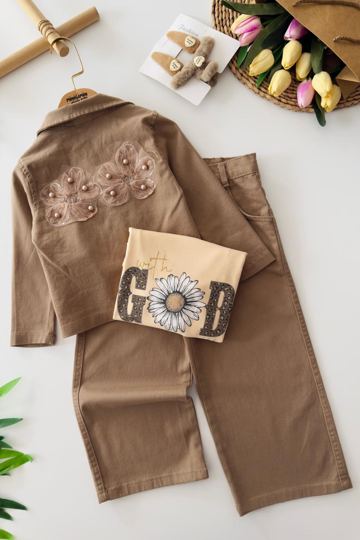 Miniğimin Cicileri Papatya Baskılı Taş Detaylo 3 lü Kız Çocuk Takım - Kahverengi