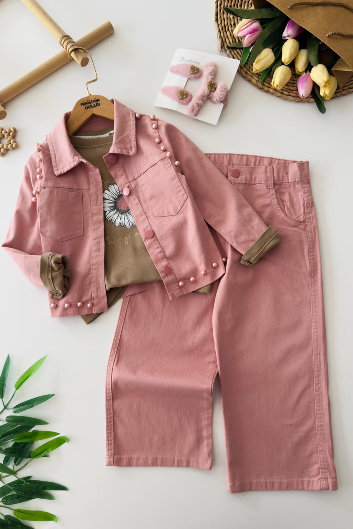 Miniğimin Cicileri Papatya Baskılı Taş Detaylo 3 lü Kız Çocuk Takım - Gül Kurusu