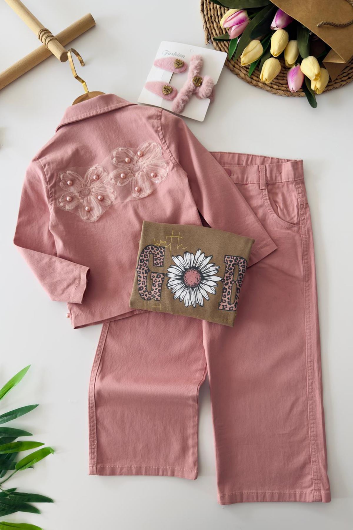 Miniğimin Cicileri Papatya Baskılı Taş Detaylo 3 lü Kız Çocuk Takım - Gül Kurusu