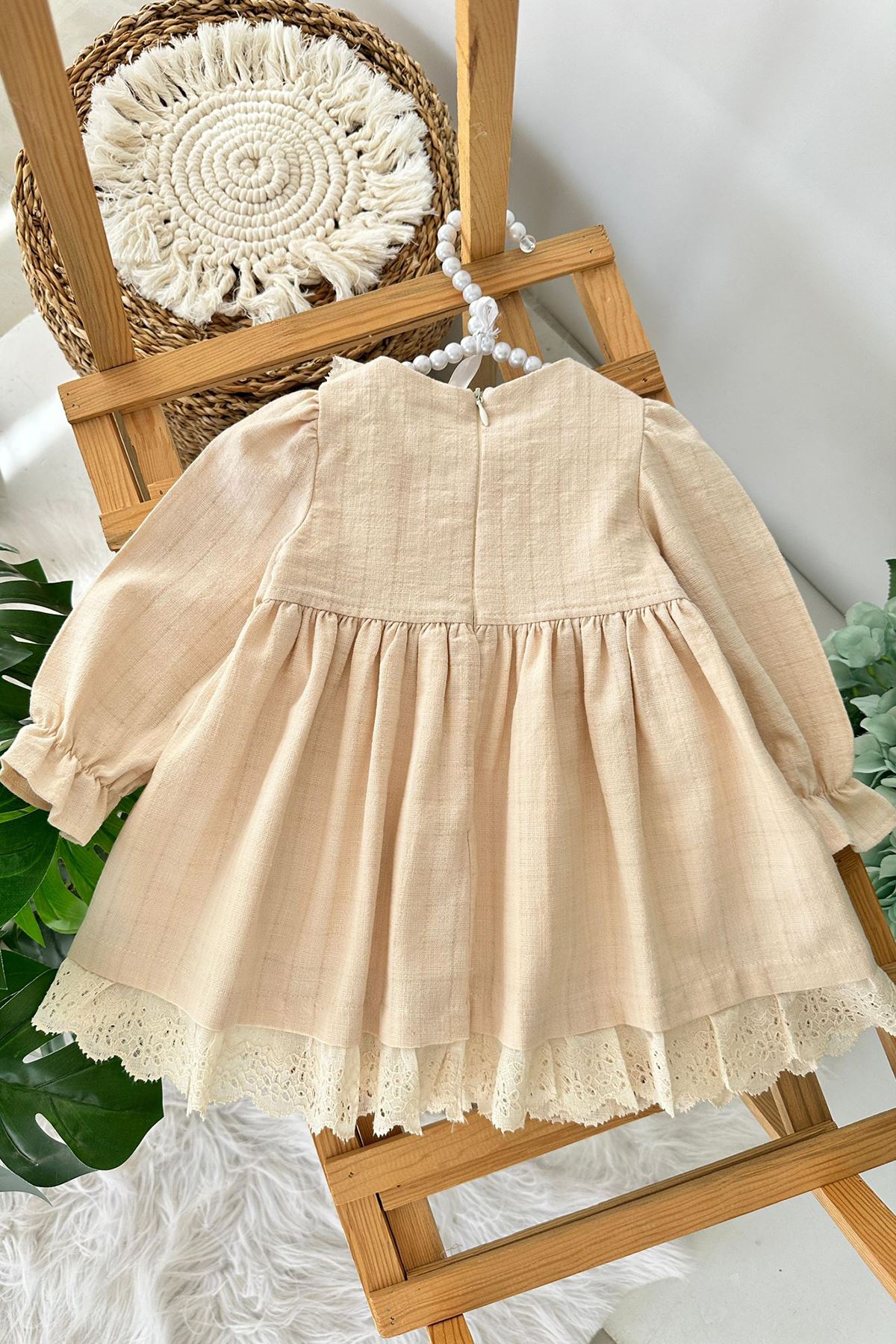 Miniğimin Cicileri (9-24 Ay) Fiyonk Detaylı Fistolu Kız Bebek Pamuk Elbise - Krem