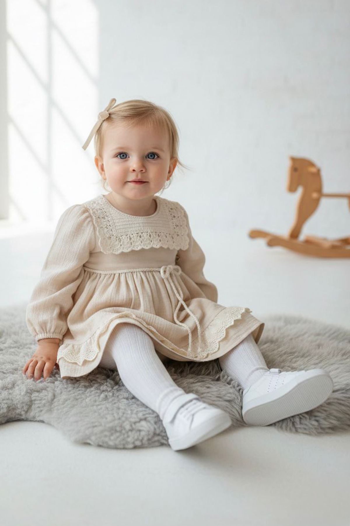 Miniğimin Cicileri (9-24 Ay) Dantel Yaka Kuşaklı Kız Bebek Elbise - Bej