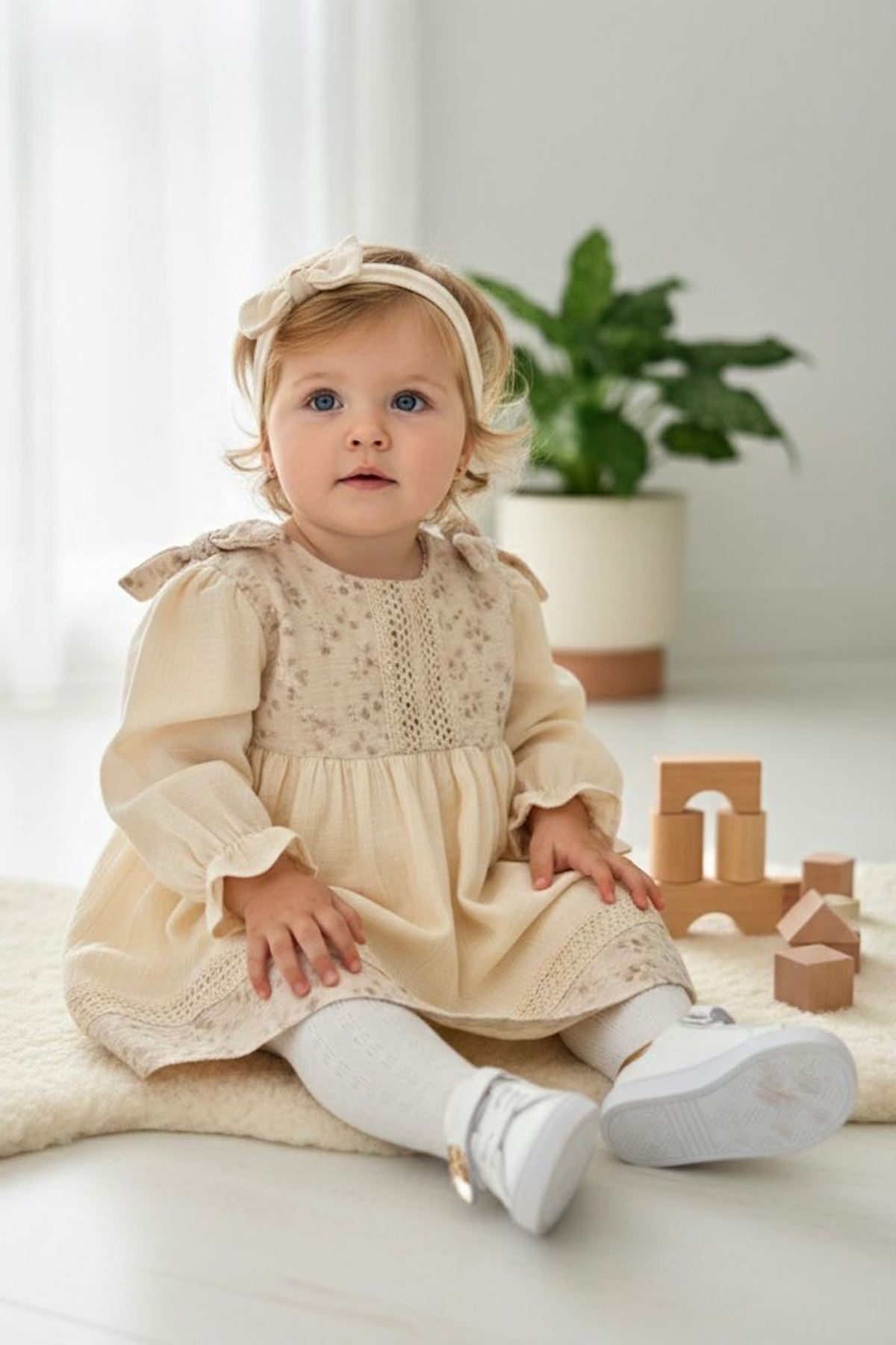 Miniğimin Cicileri (9-24 Ay) Çiçek Dokulu Vintage Müslin Yaka Detaylı Kız Bebek Elbise - Krem