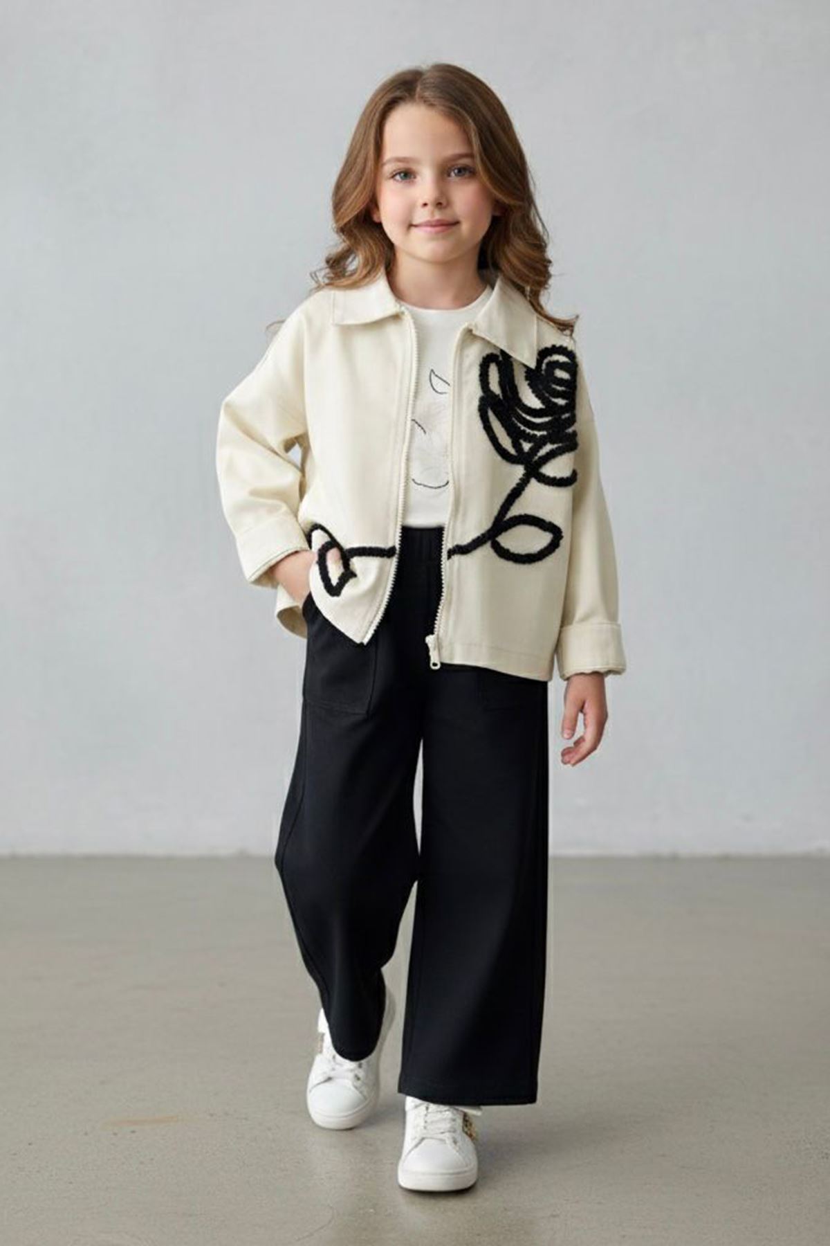 Miniğimin Cicileri Gül Desenli Ceketli 3 lü Takım - Krem