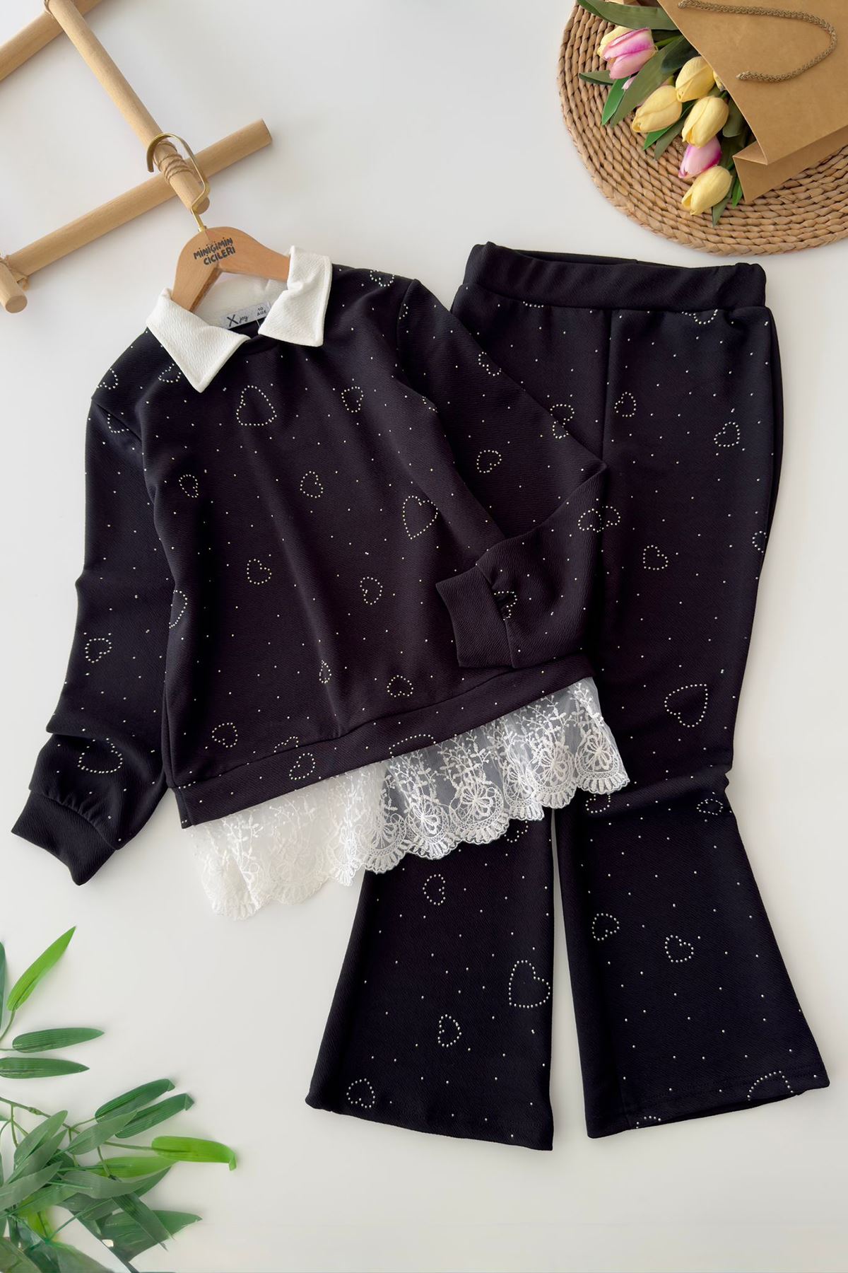 Miniğimin Cicileri (10-13 Yaş) Dantel Detaylı Kalp Taş Detaylı Kız Çocuk 2 li Takım - Siyah