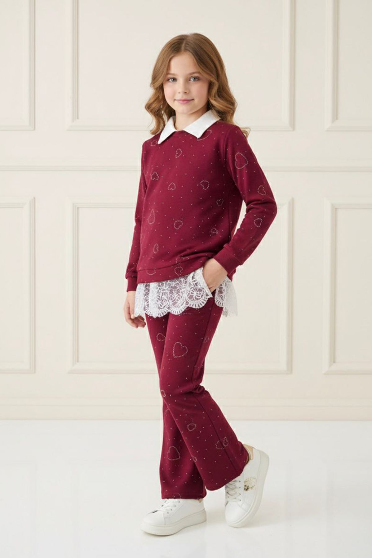 Miniğimin Cicileri (10-13 Yaş) Dantel Detaylı Kalp Taş Detaylı Kız Çocuk 2 li Takım - Bordo