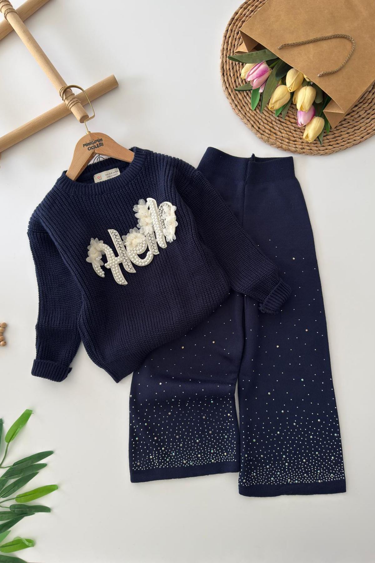 Miniğimin Cicileri Taşlı Hello Yazı Aplikeli Triko Kazaklı Kız Çocuk 2'li Takım - Lacivert