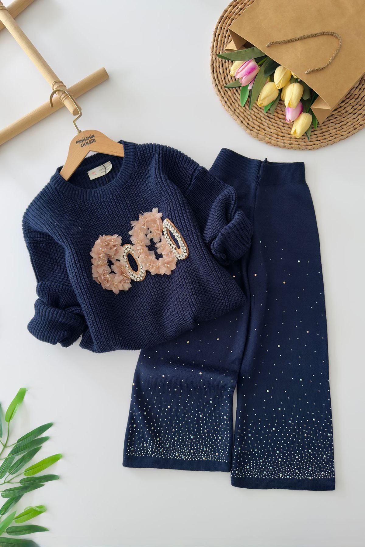 Miniğimin Cicileri Taşlı Gogo Yazı Aplikeli Triko Kazaklı Kız Çocuk 2'li Takım - Kahve