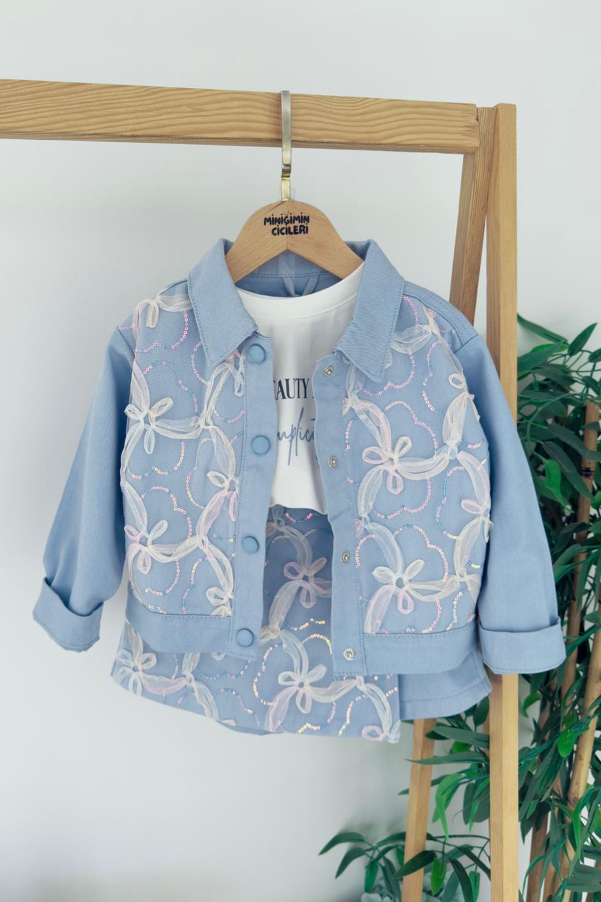 Miniğimin Cicileri Tül Çiçek Payet Detaylı Ceketli Kız Çocuk 3'lü Şort Etekli Takım - Mavi