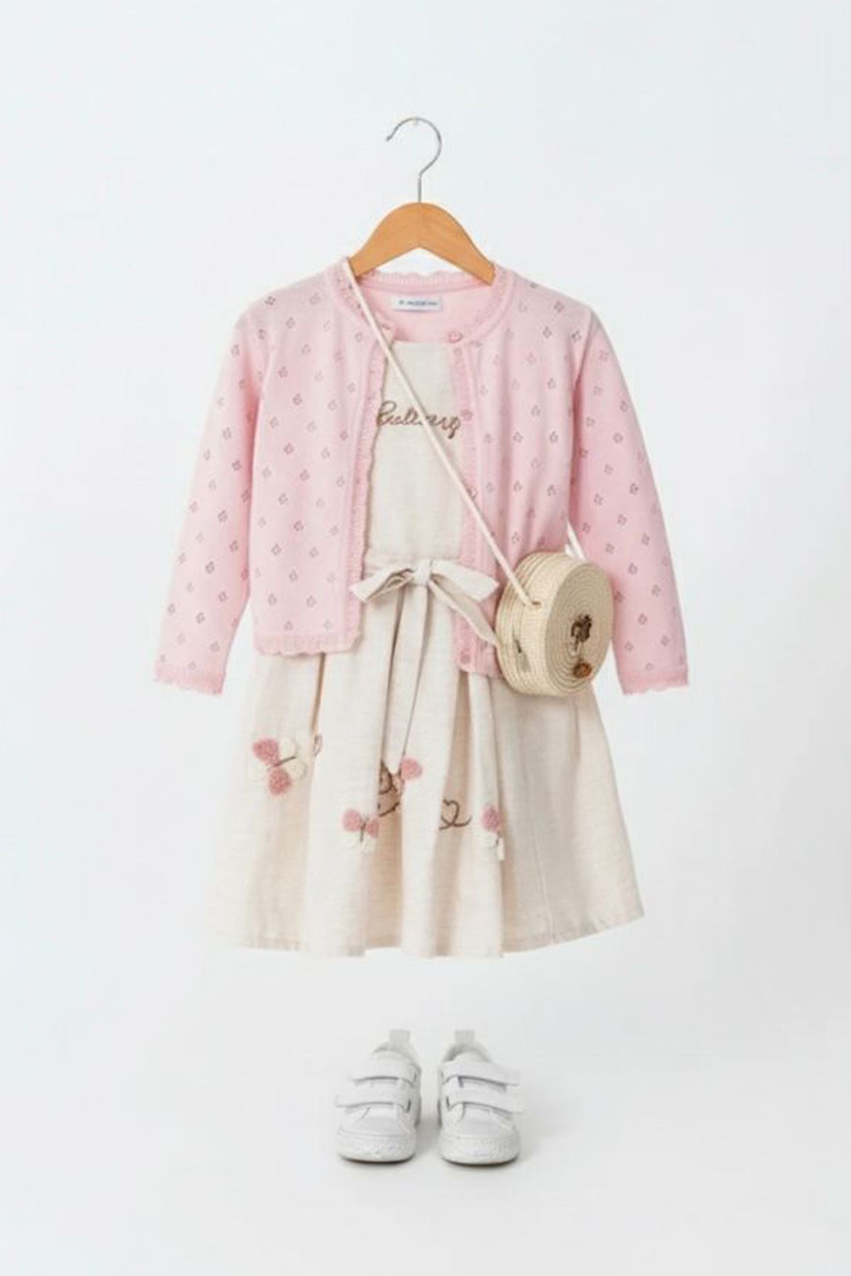 Miniğimin Cicileri Kelebek İşleme Detaylı Çantalı Elbise ve Pembe Hırka Kız Çocuk Kombini - Pembe