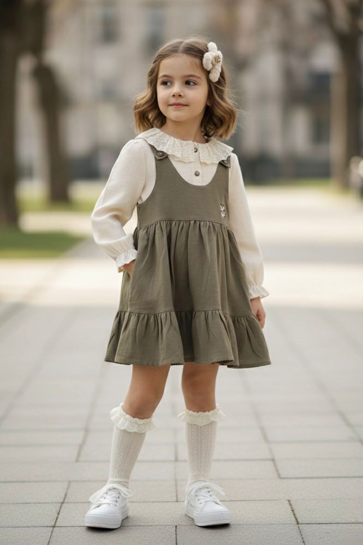 Miniğimin Cicileri Nakış Detaylı Jile Elbiseli Dantel Yakalı Kız Çocuk 2'li Takım - Haki