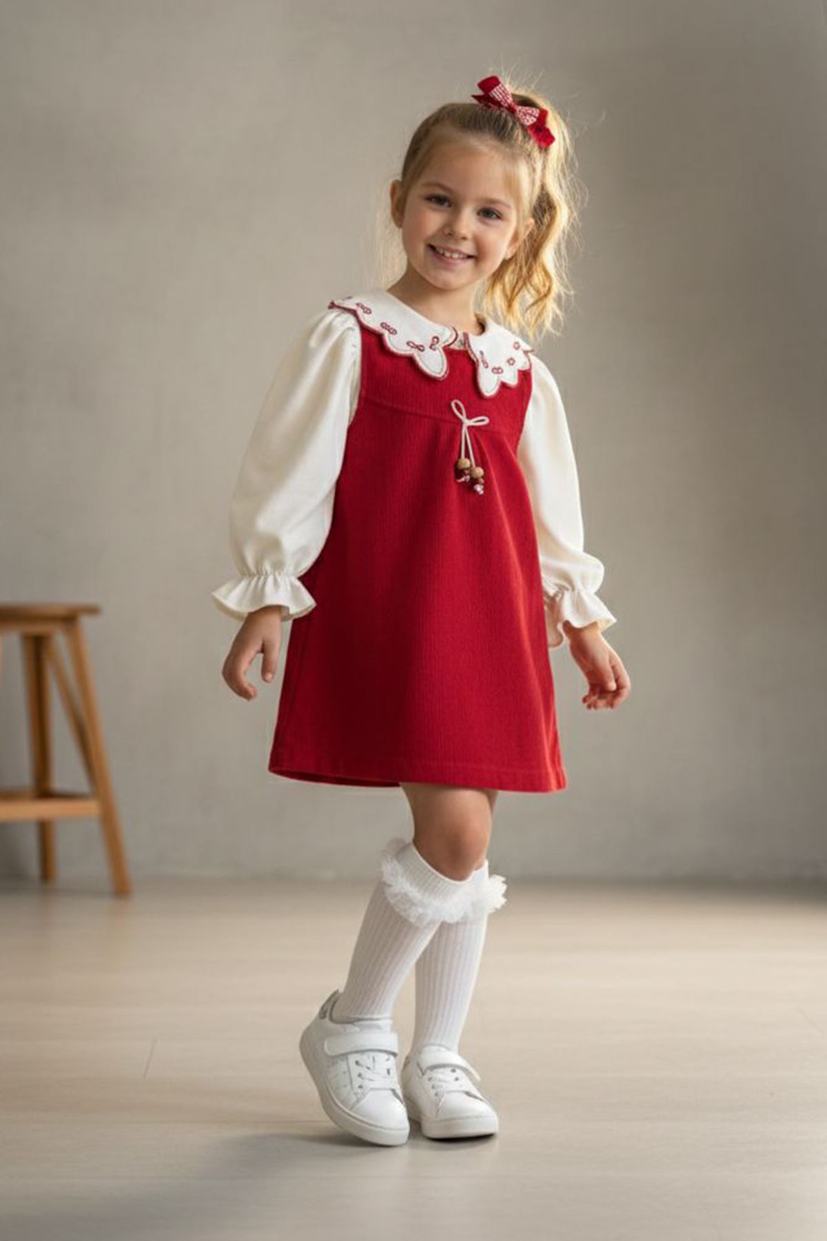 Miniğimin Cicileri Yaka Nakış Detaylı Jile Elbiseli Kız Çocuk 2'li Elbise Takım - Kırmızı