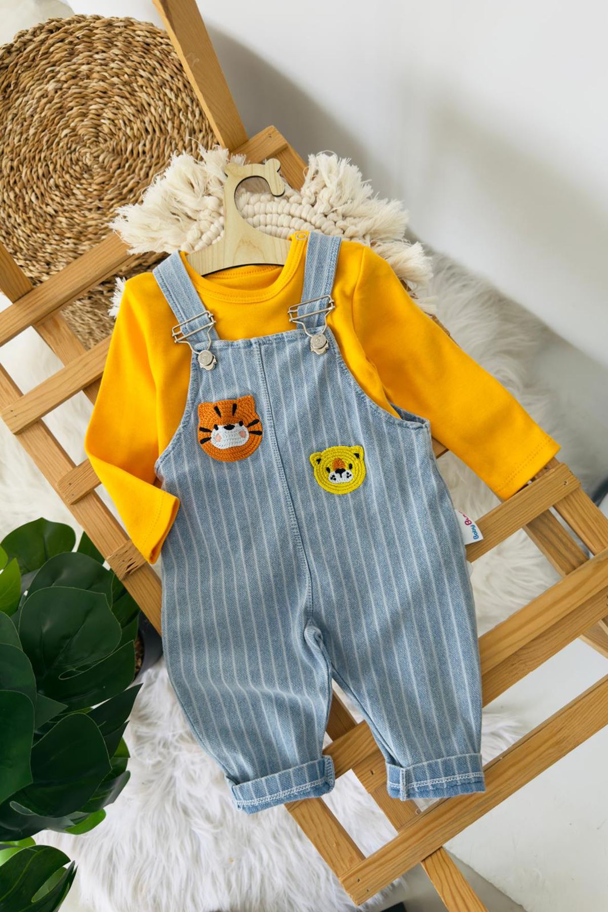 Miniğimin Cicileri Kaplan Figürlü Çizgili Erkek Bebek Bahçıvan Yumuşak kot Takım - Hardal