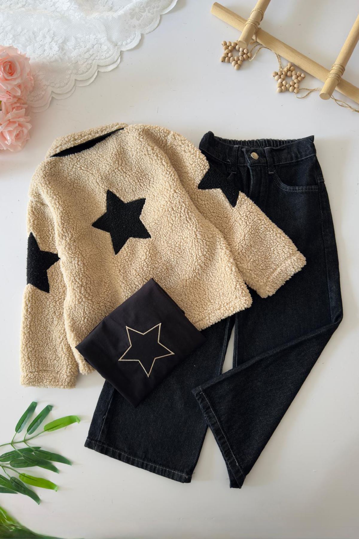 Miniğimin Cicileri Yıldız Detaylı Peluş Kürklü Kız Çocuk 3 lü Takım - Kapuçino