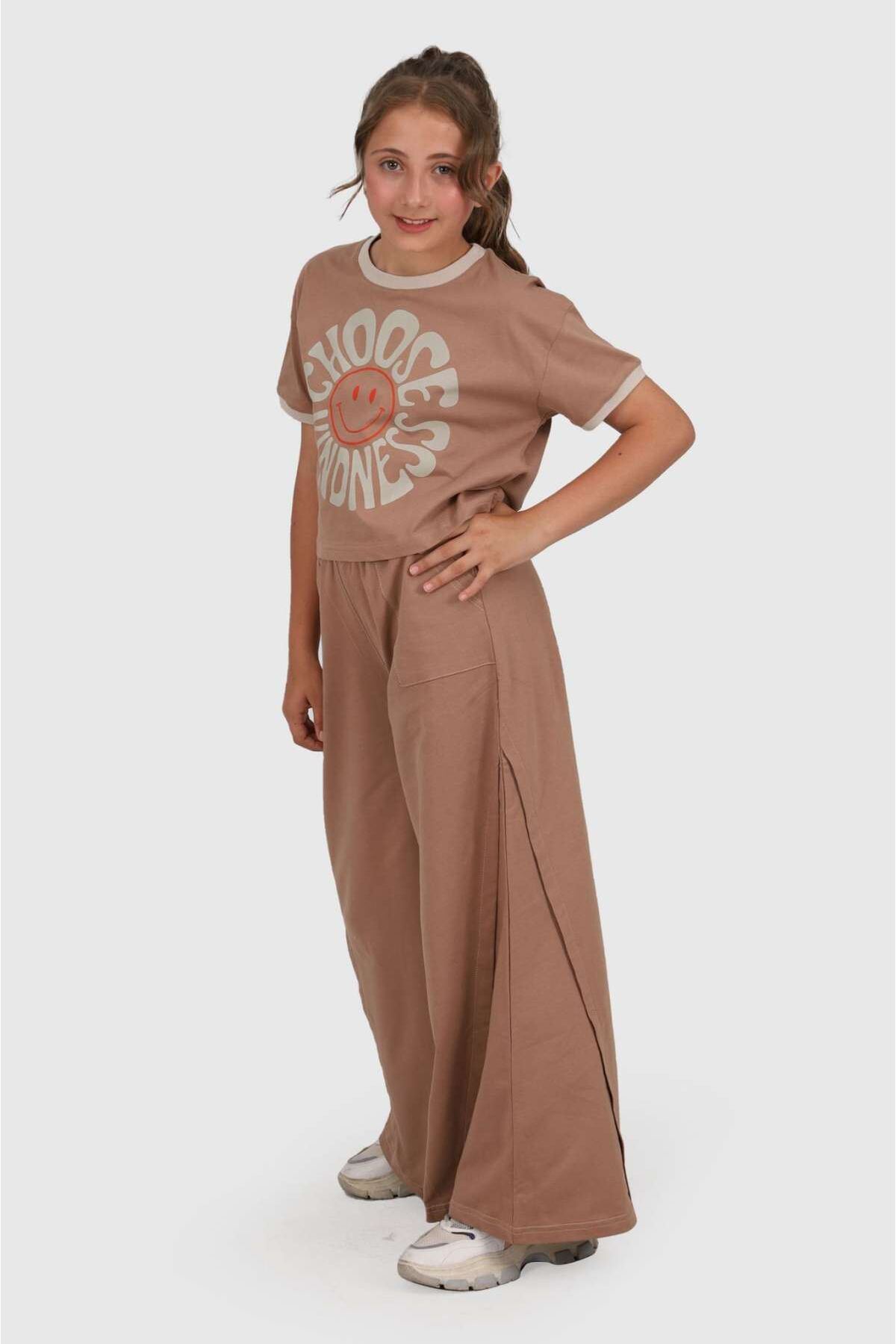 9-15 yaş  choose Güleryüz  desenli uzun pantolonlu  genç tarz takım-Kahverengi