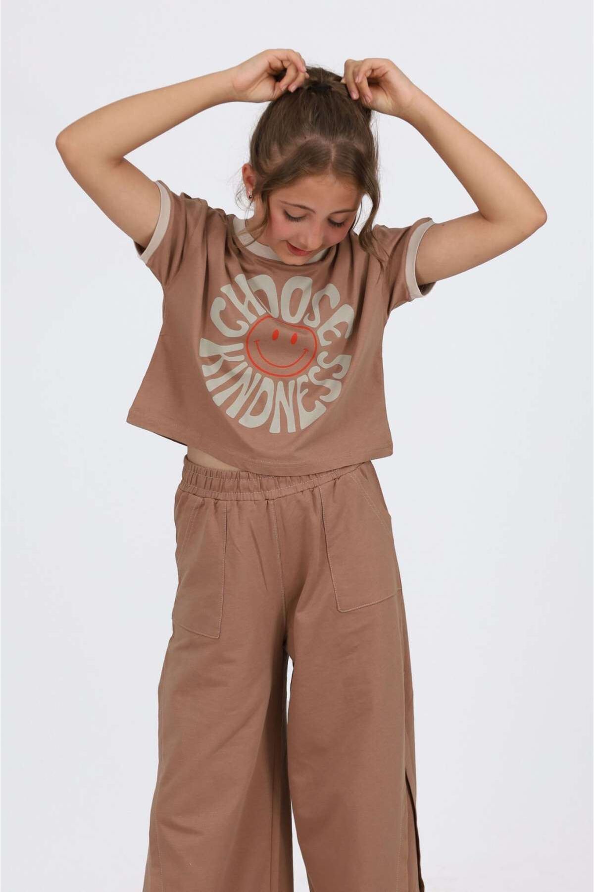 9-15 yaş  choose Güleryüz  desenli uzun pantolonlu  genç tarz takım-Kahverengi