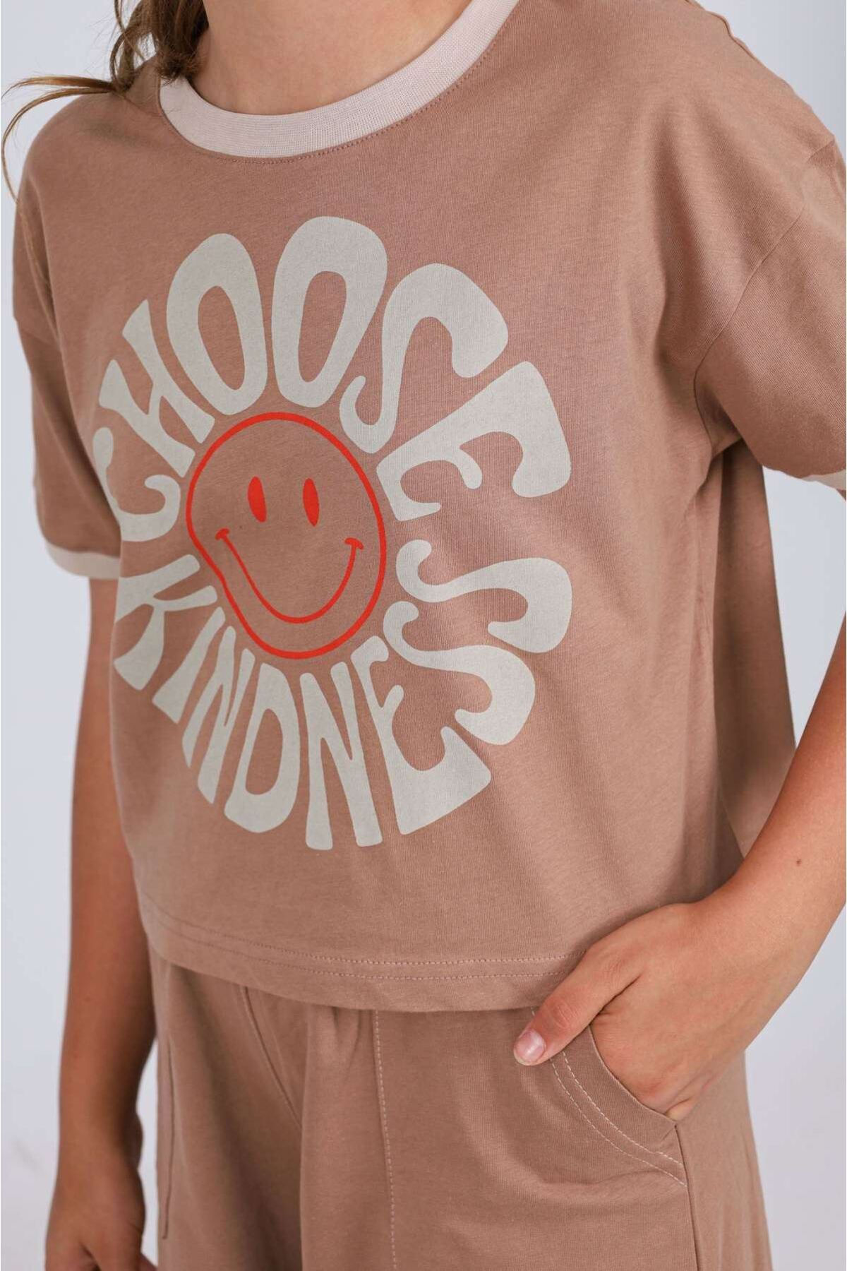 9-15 yaş  choose Güleryüz  desenli uzun pantolonlu  genç tarz takım-Kahverengi