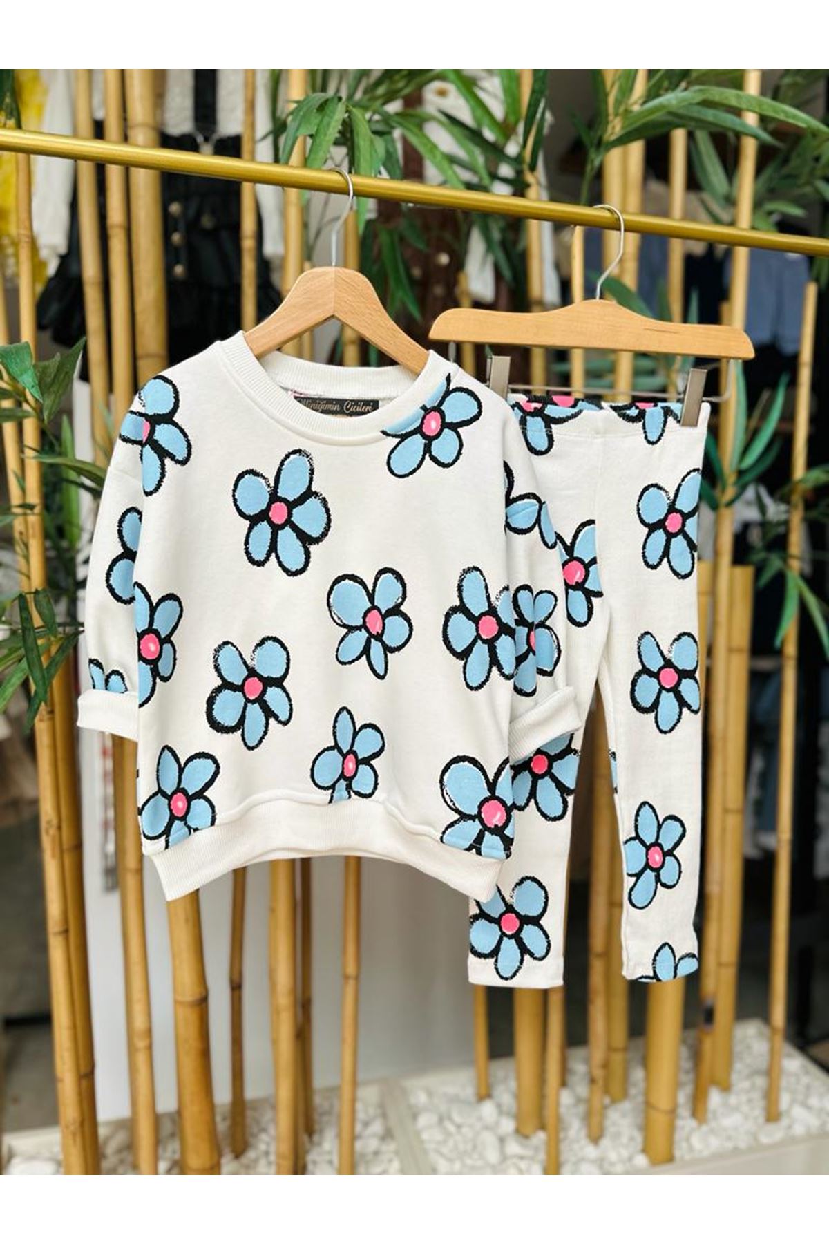 Miniğimin Cicileri Çiçek Baskılı Fitilli Taytlı Alt Üst takım - Krem