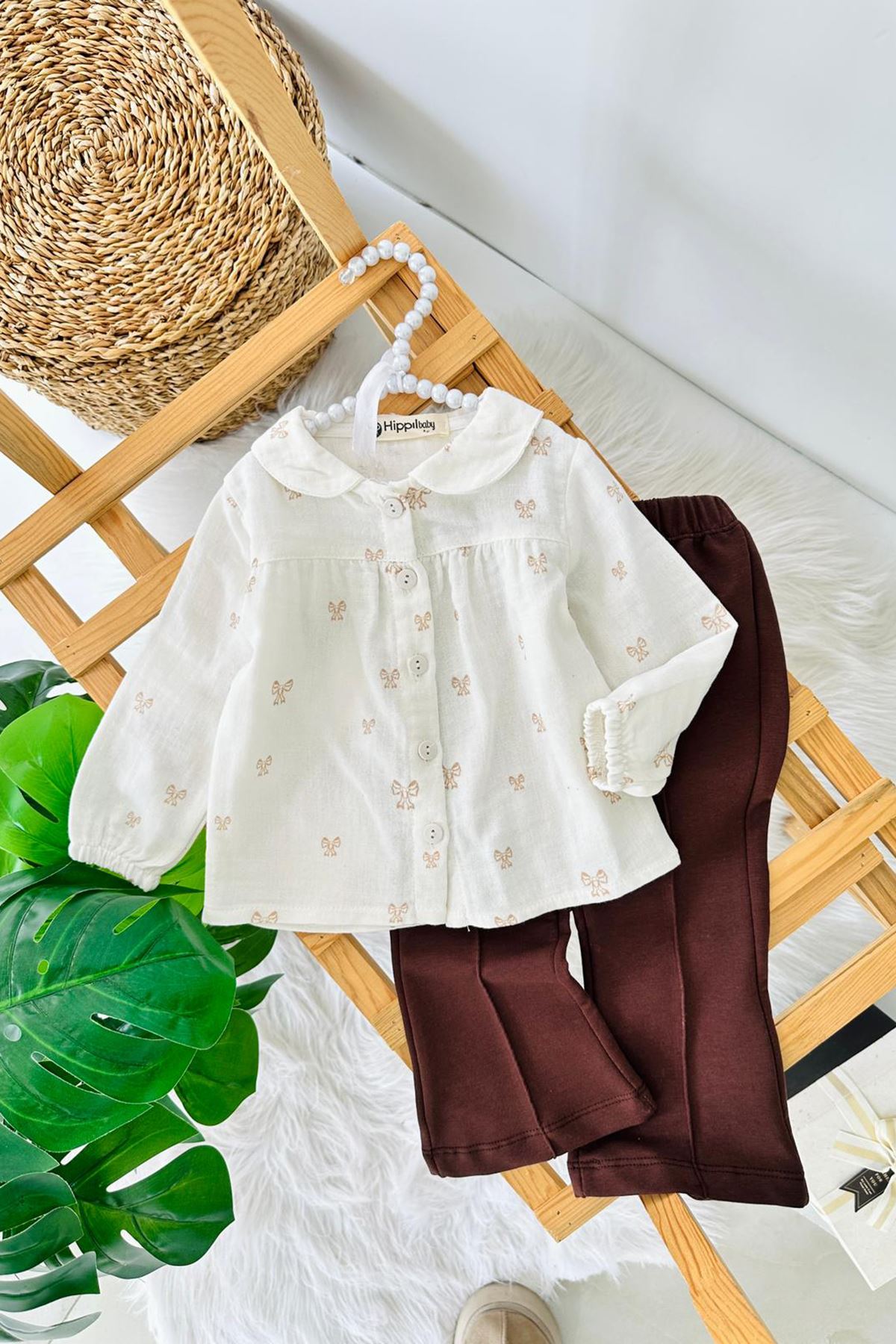 Miniğimin Cicileri Şişme Yelekli Pamuklu Gömlekli Kız Çocuk 3 lü Takım - Kahve Köpüğü