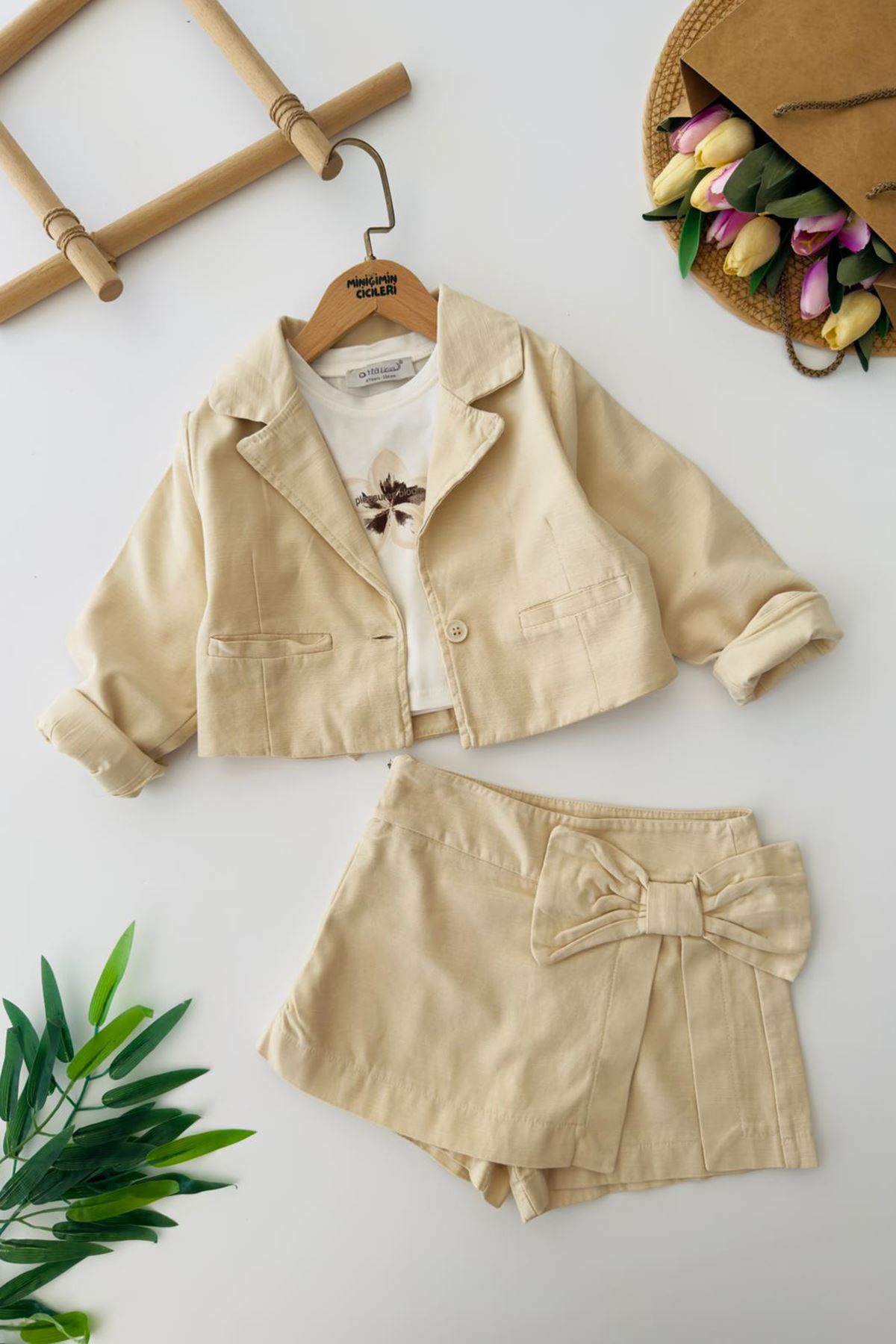 Miniğimin Cicileri Fiyonk Detaylı Pamuklu Kız Çocuk 3 lü Takım - Krem