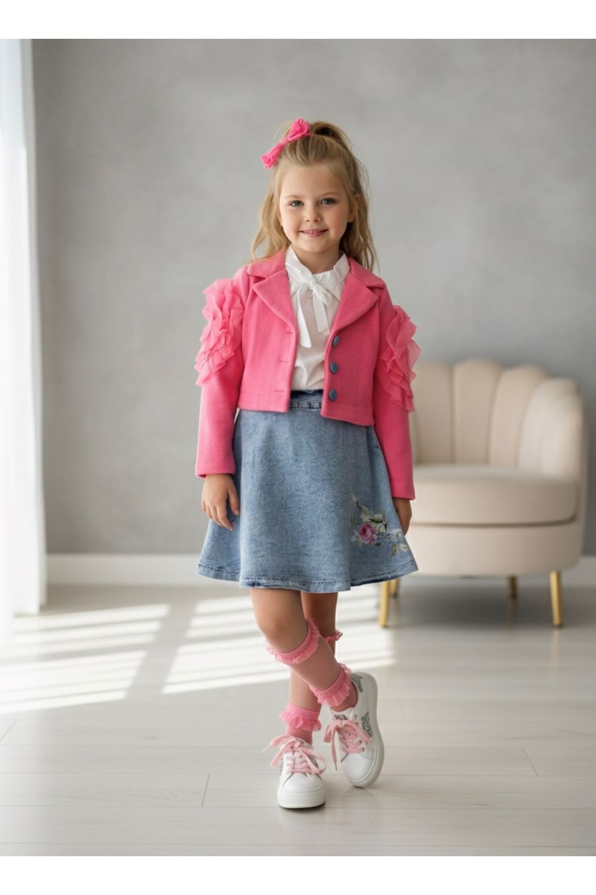 Miniğimin Cicileri Gül Baskılı Kot Etek Selanik Ceketli Kız Çocuk 3’lü Takım - Fuşya