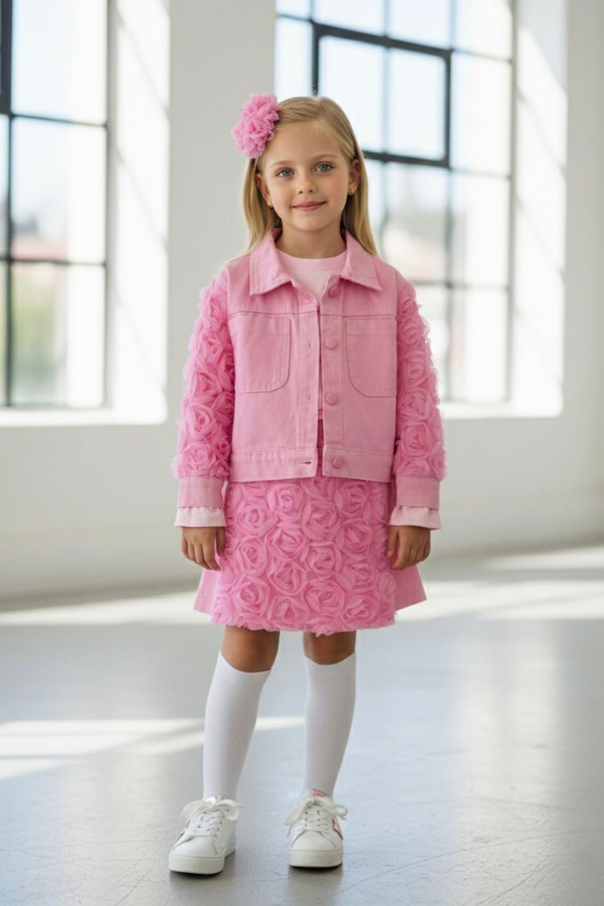 Miniğimin Cicileri Gül Aplike Detaylı Ceketli Kız Çocuk 3 lü Takım - Pembe