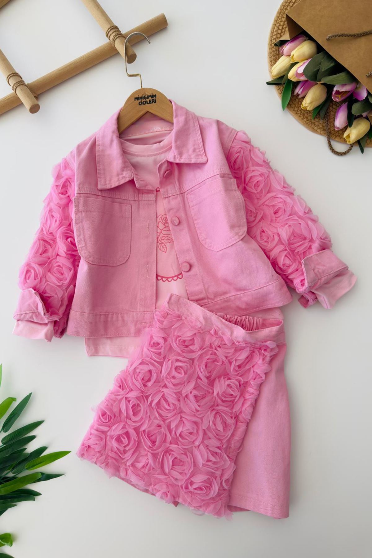 Miniğimin Cicileri Gül Aplike Detaylı Ceketli Kız Çocuk 3 lü Takım - Pembe
