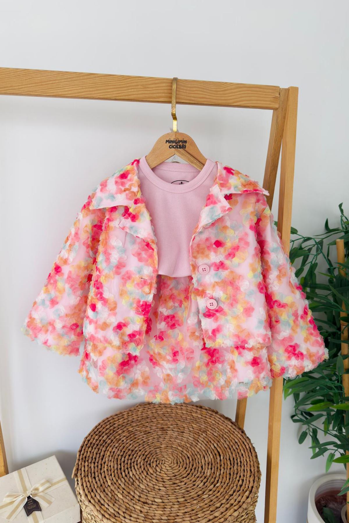 Miniğimin Cicileri Çiçek Desenli Ceketli Etekli Kız Çocuk 3 lü Takım - Pembe