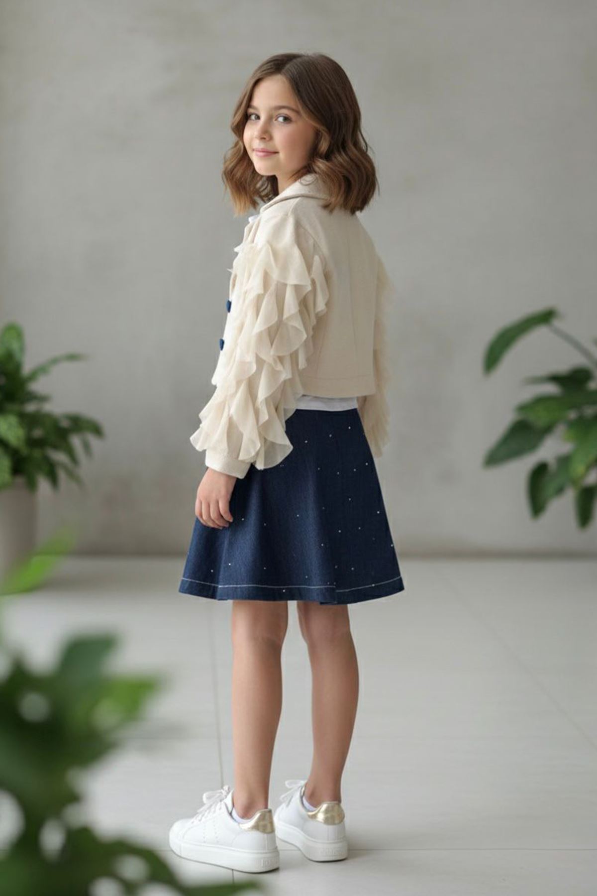 Miniğimin Cicileri Kolları Tül Detaylı Selanik Hırkalı 3 lü Kız Çocuk Takım - Krem