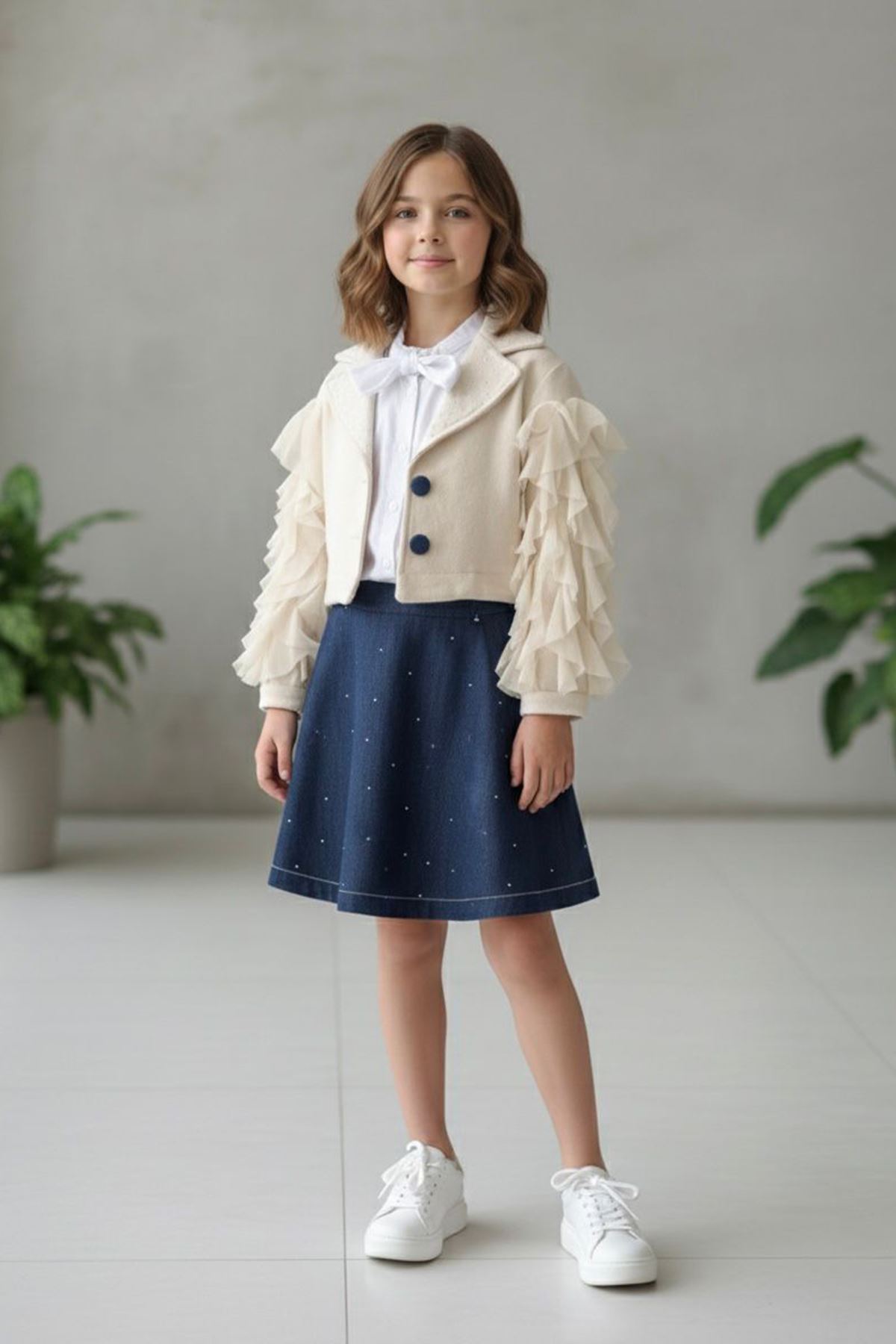 Miniğimin Cicileri Kolları Tül Detaylı Selanik Hırkalı 3 lü Kız Çocuk Takım - Krem