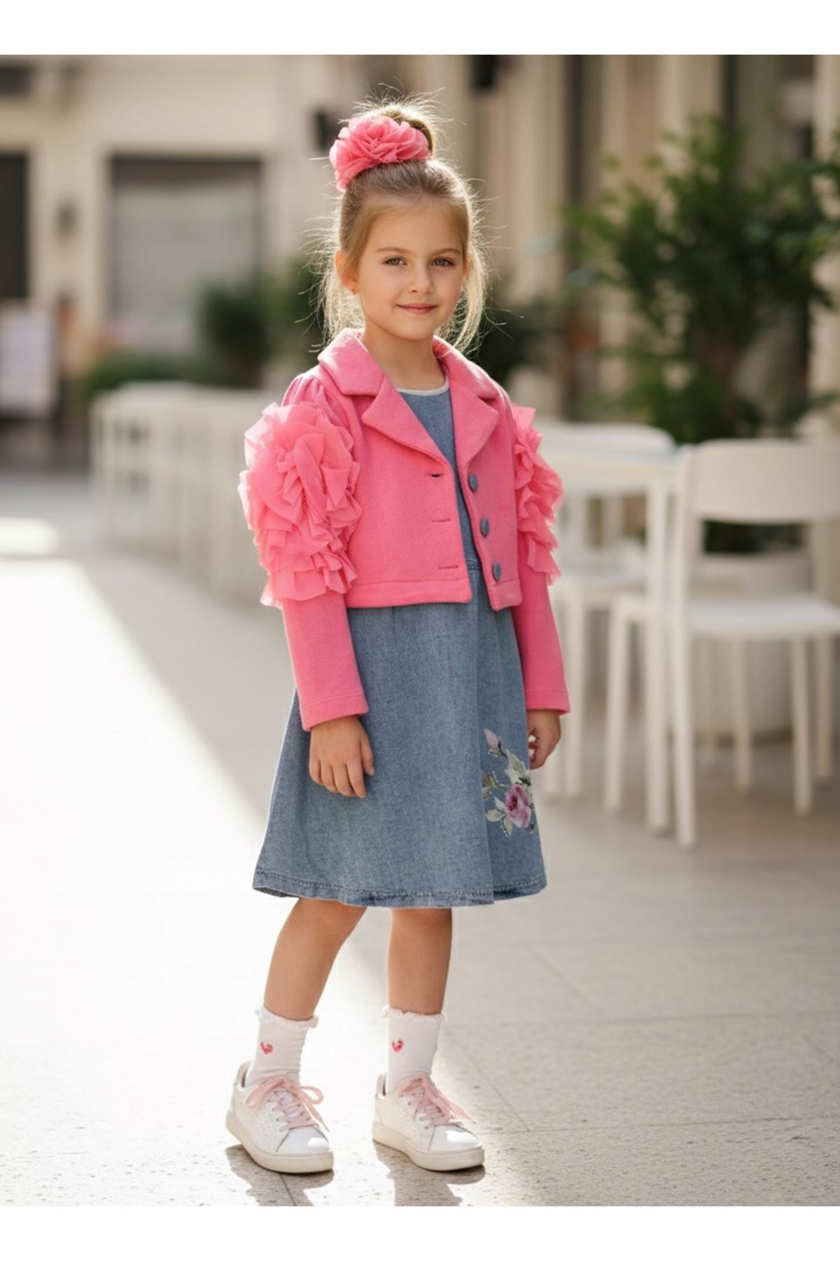 Miniğimin Cicileri Gül Baskılı Taş Detaylı Kot Elbise Selanik Ceketli Kız Çocuk 2’li Takım - Fuşya