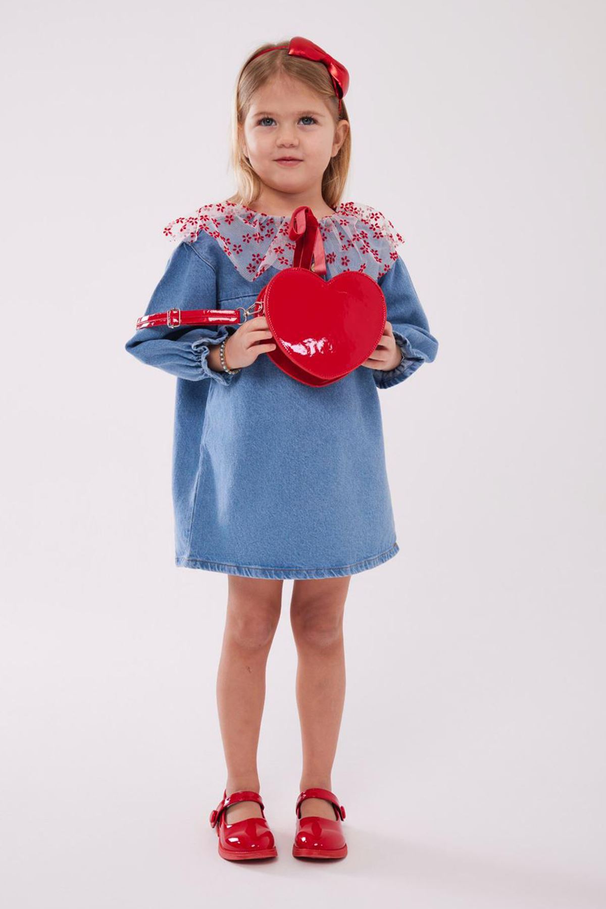 Miniğimin Cicileri Tül Yaka Detaylı Kız Çocuk Kot Elbise - Mavi