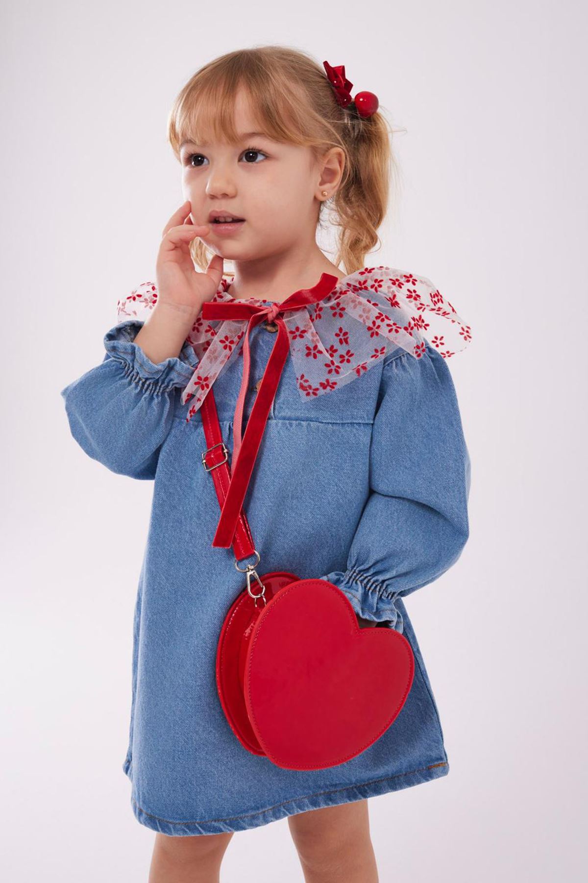 Miniğimin Cicileri Tül Yaka Detaylı Kız Çocuk Kot Elbise - Mavi