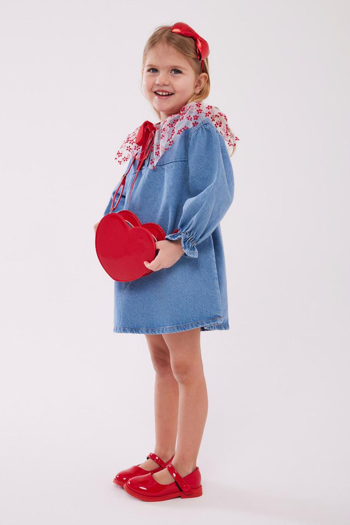 Miniğimin Cicileri Tül Yaka Detaylı Kız Çocuk Kot Elbise - Mavi