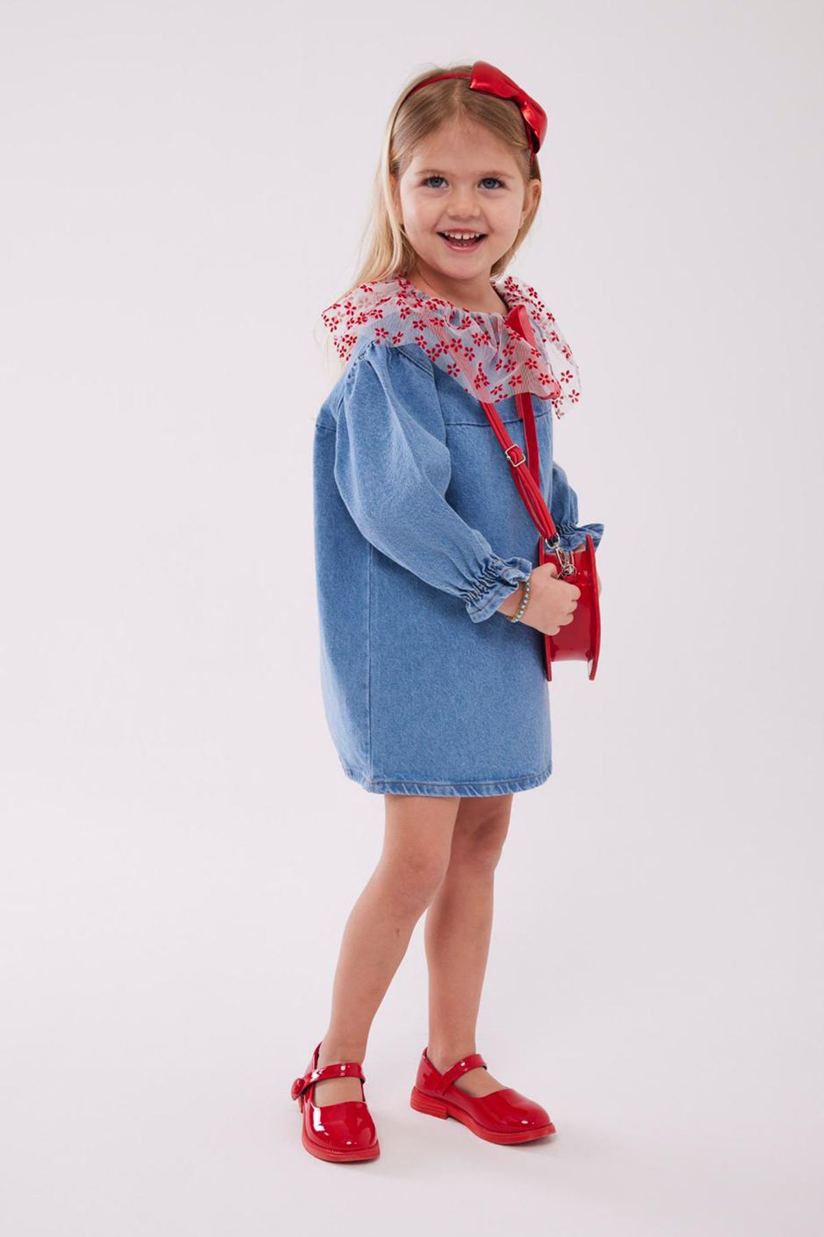 Miniğimin Cicileri Tül Yaka Detaylı Kız Çocuk Kot Elbise - Mavi