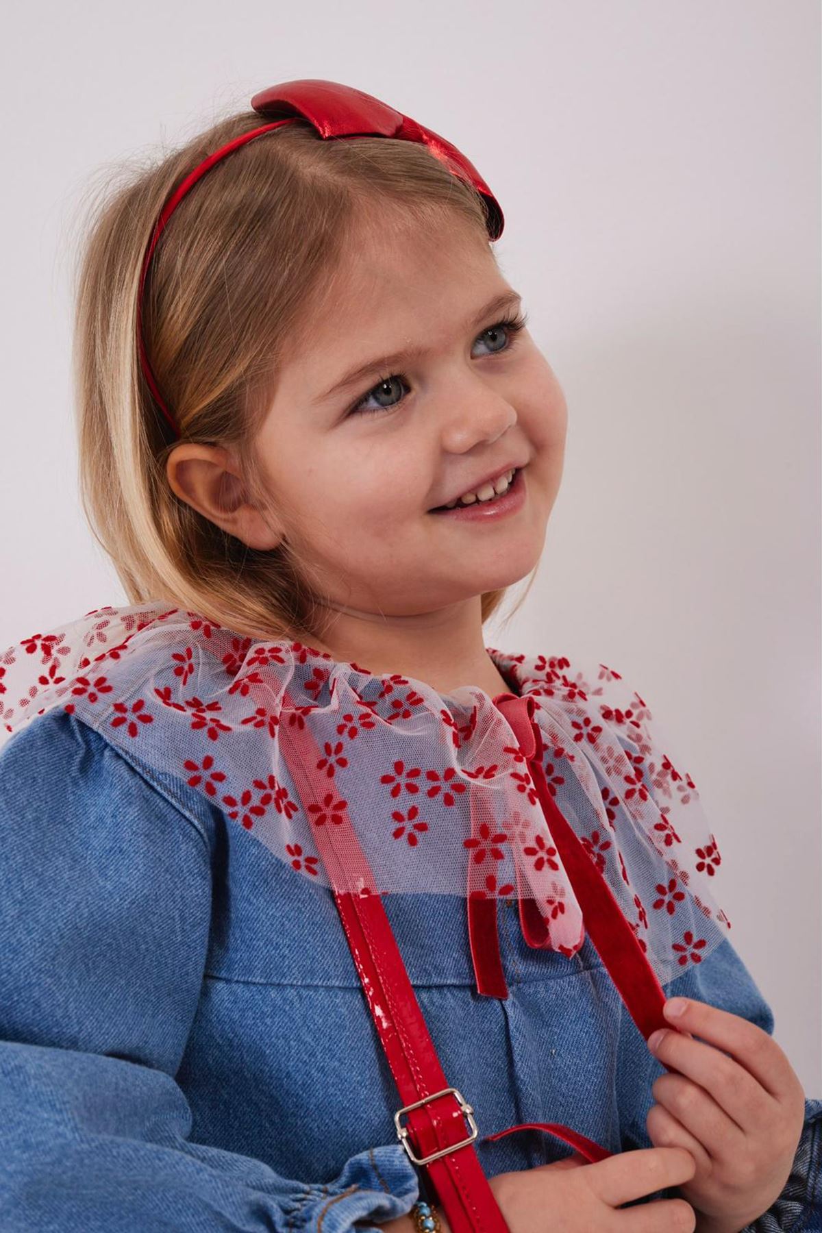 Miniğimin Cicileri Tül Yaka Detaylı Kız Çocuk Kot Elbise - Mavi