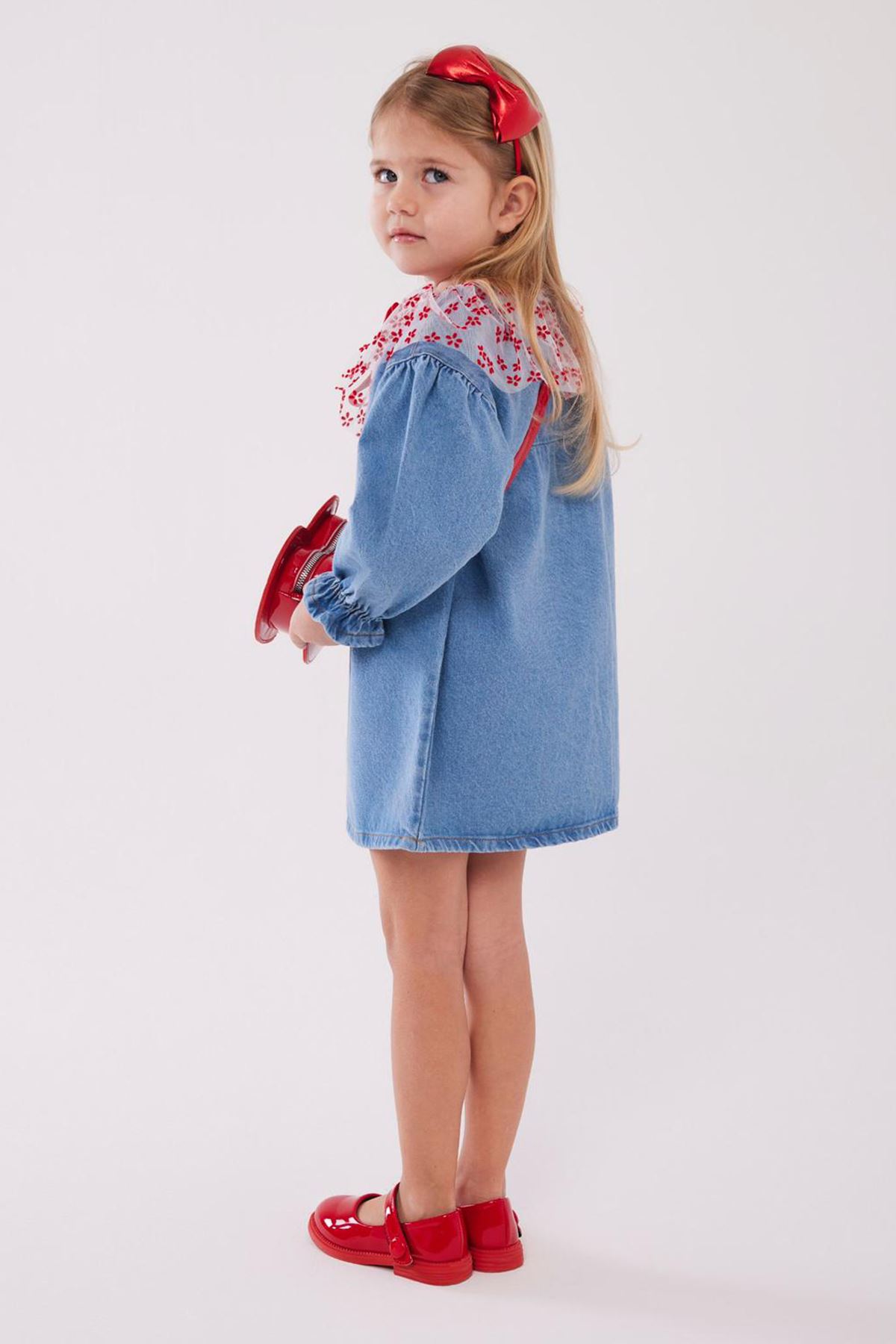 Miniğimin Cicileri Tül Yaka Detaylı Kız Çocuk Kot Elbise - Mavi