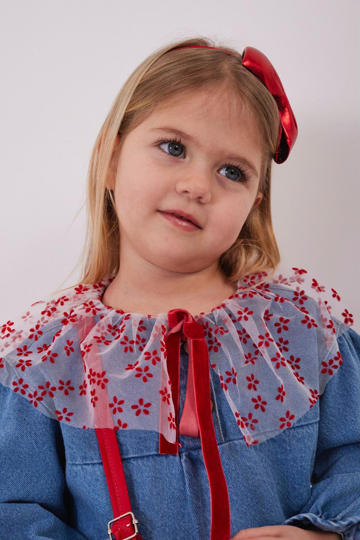 Miniğimin Cicileri Tül Yaka Detaylı Kız Çocuk Kot Elbise - Mavi