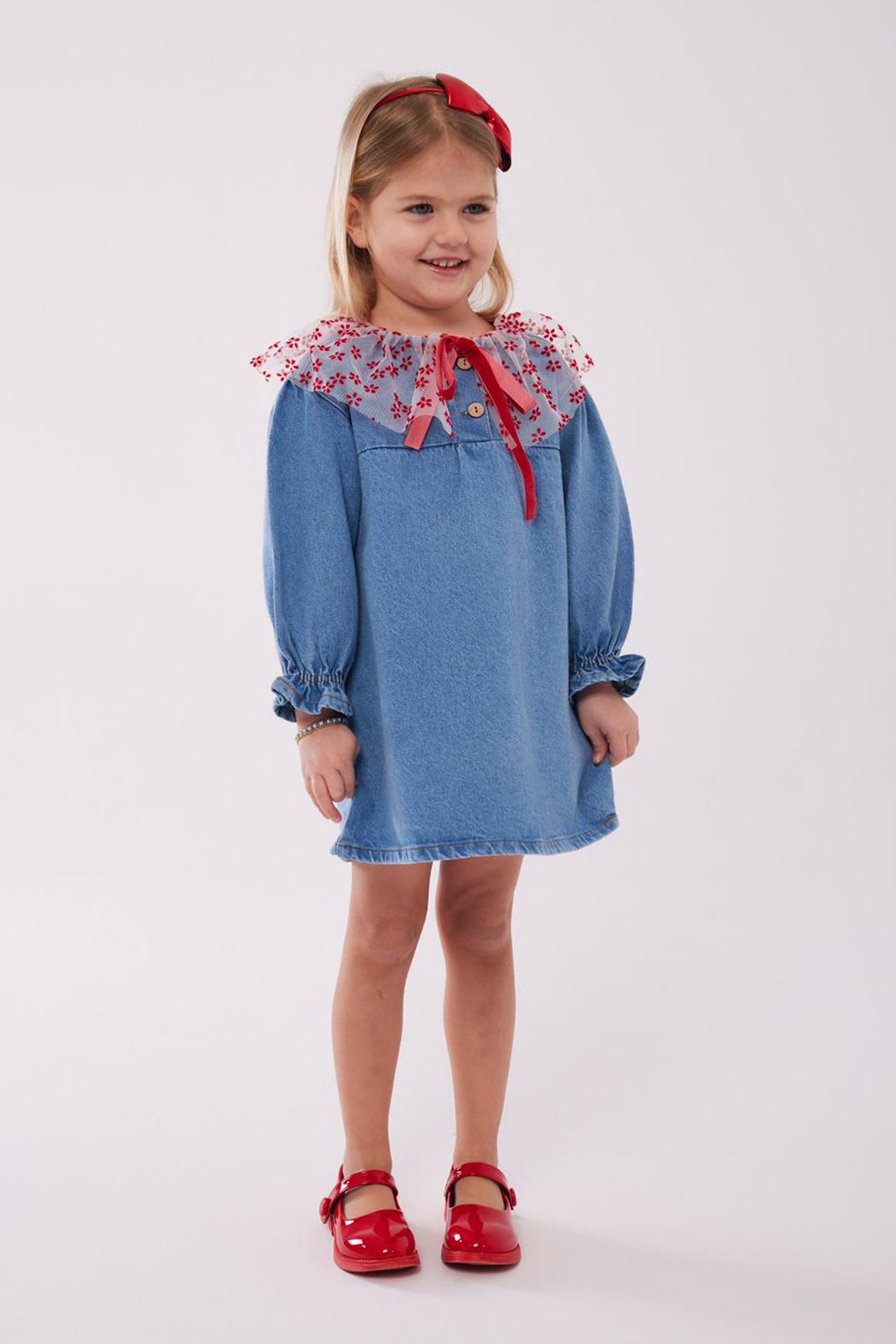 Miniğimin Cicileri Tül Yaka Detaylı Kız Çocuk Kot Elbise - Mavi