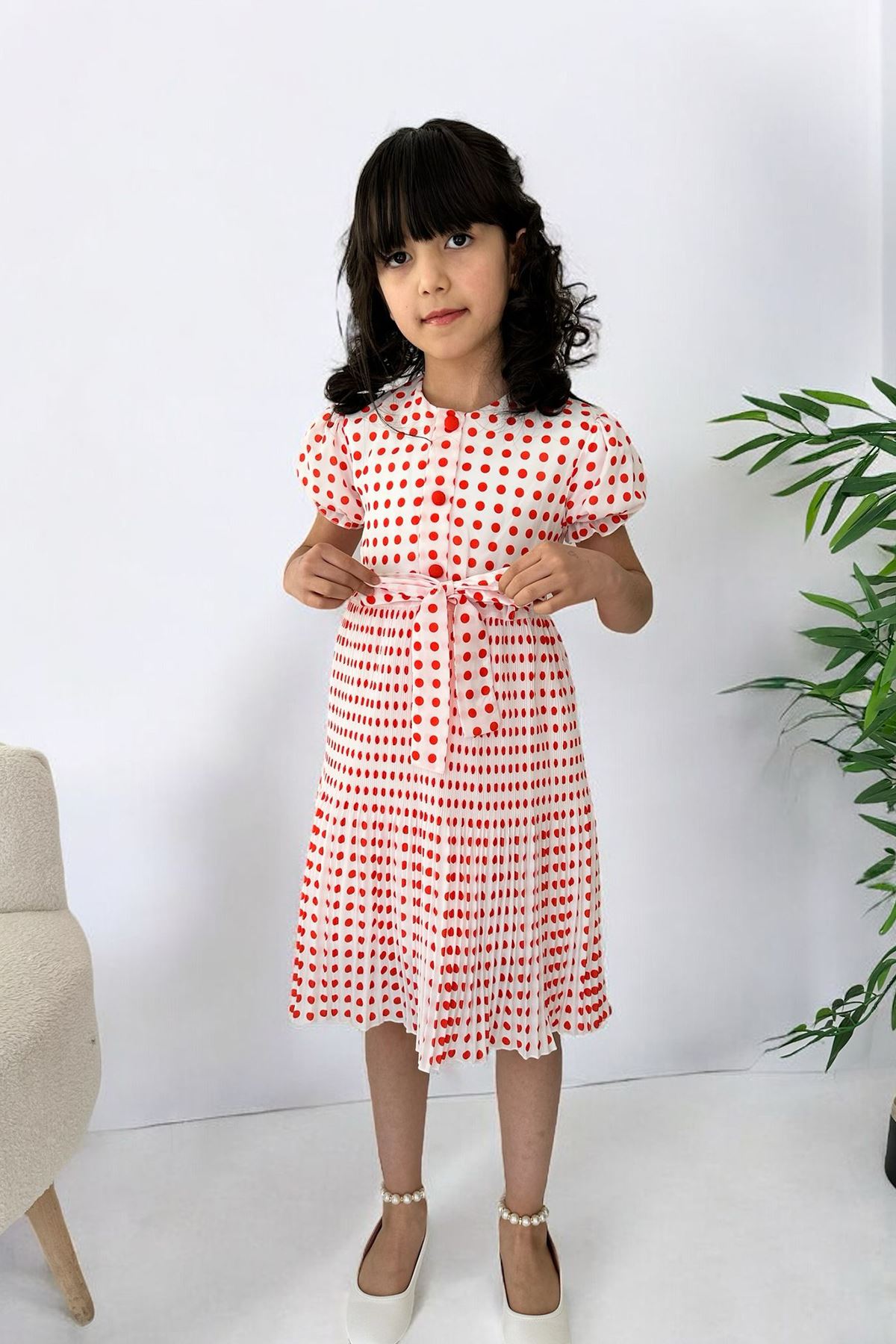 Miniğimin Cicileri Puantiyeli Kız Çocuk Piliseli Astarlı Elbise - Turuncu