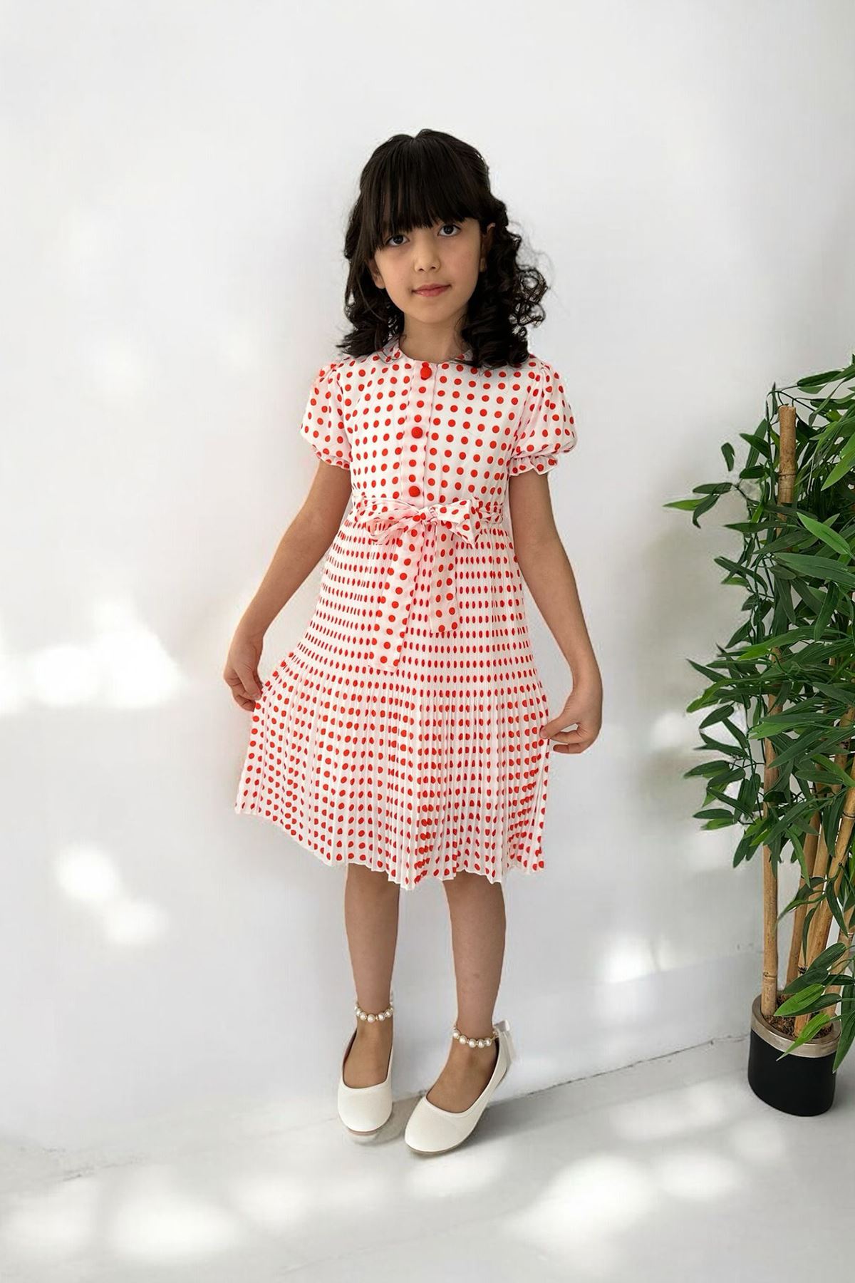 Miniğimin Cicileri Puantiyeli Kız Çocuk Piliseli Astarlı Elbise - Turuncu