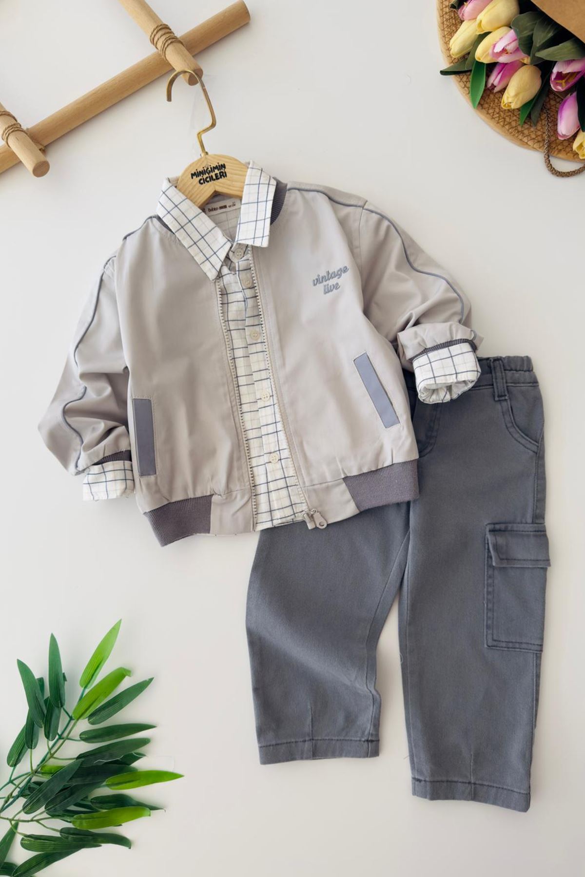Miniğimin Cicileri Vintage Live Baskılı Bomber Ceketli Ekose Gömlekli Erkek Çocuk 3’lü Takım - Gri