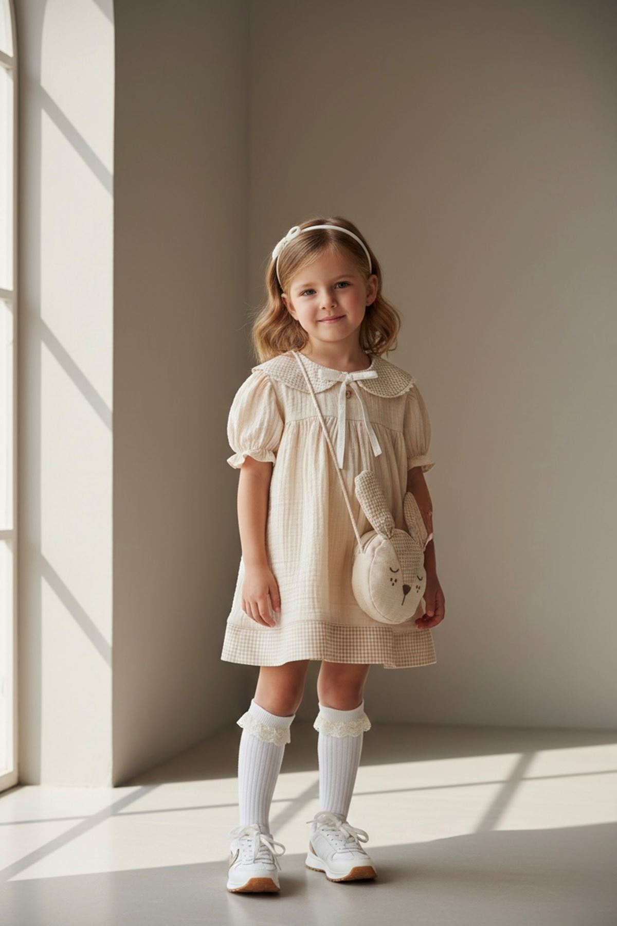 Miniğimin Cicileri Müslin Bebe Yaka Tavşan Çantalı Kız Çocuk Elbise - Bej