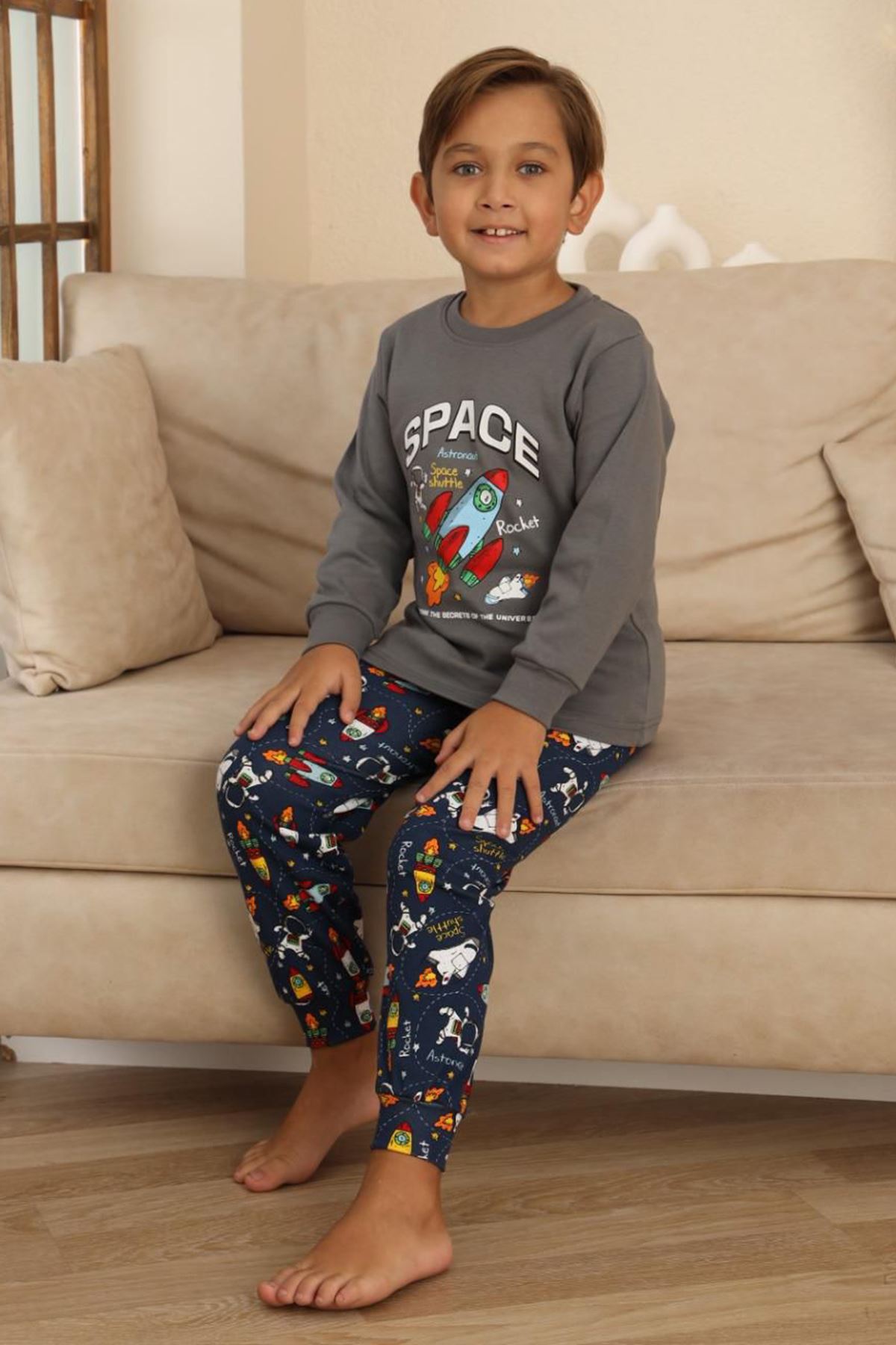 Miniğimin Cicileri Space Baskılı Erkek Çocuk Pijama Takımı - Gri