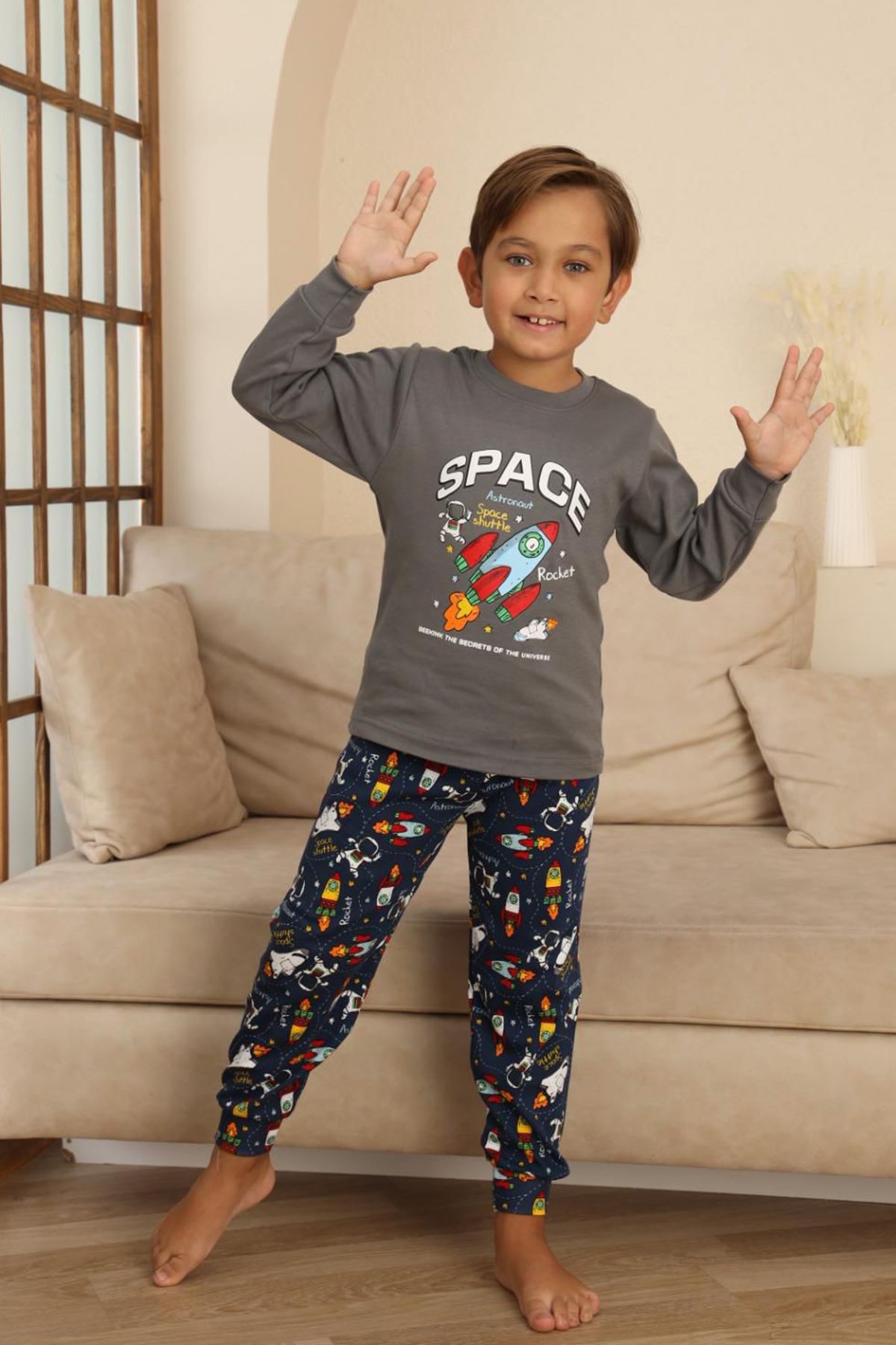 Miniğimin Cicileri Space Baskılı Erkek Çocuk Pijama Takımı - Gri