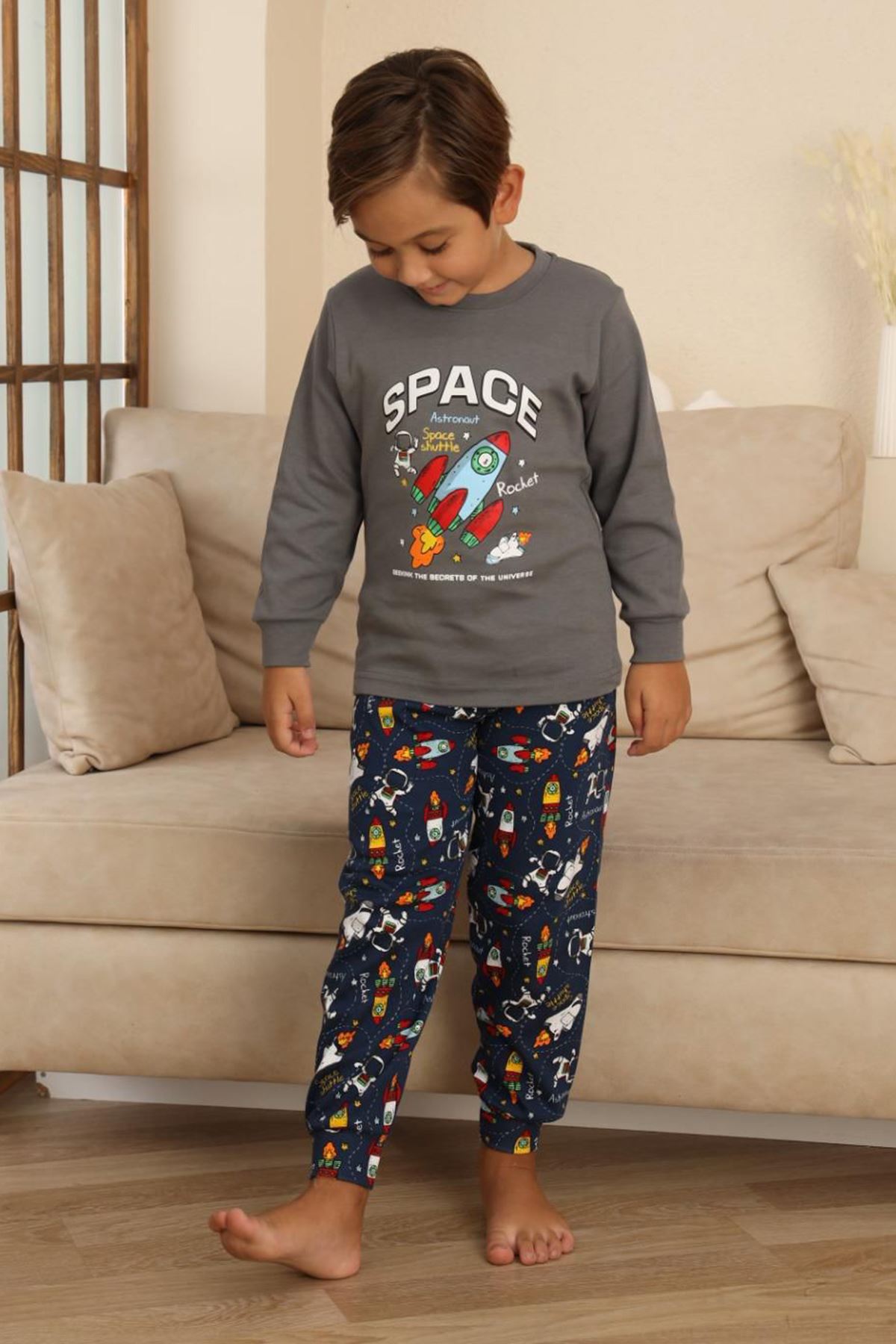 Miniğimin Cicileri Space Baskılı Erkek Çocuk Pijama Takımı - Gri