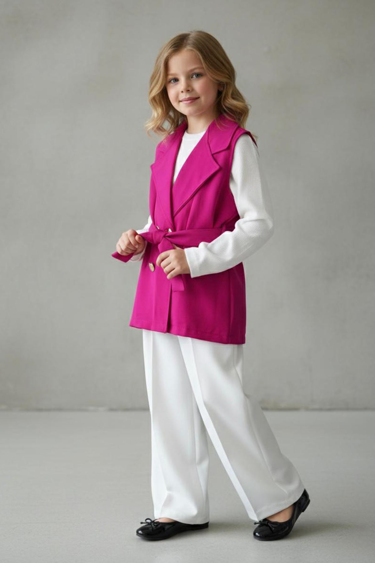 Miniğimin Cicileri Kruvaze Yelekli Kuşaklı Bluzlu Bol Paça Pantolonlu Kız Çocuk 3’lü Takım - Fuşya