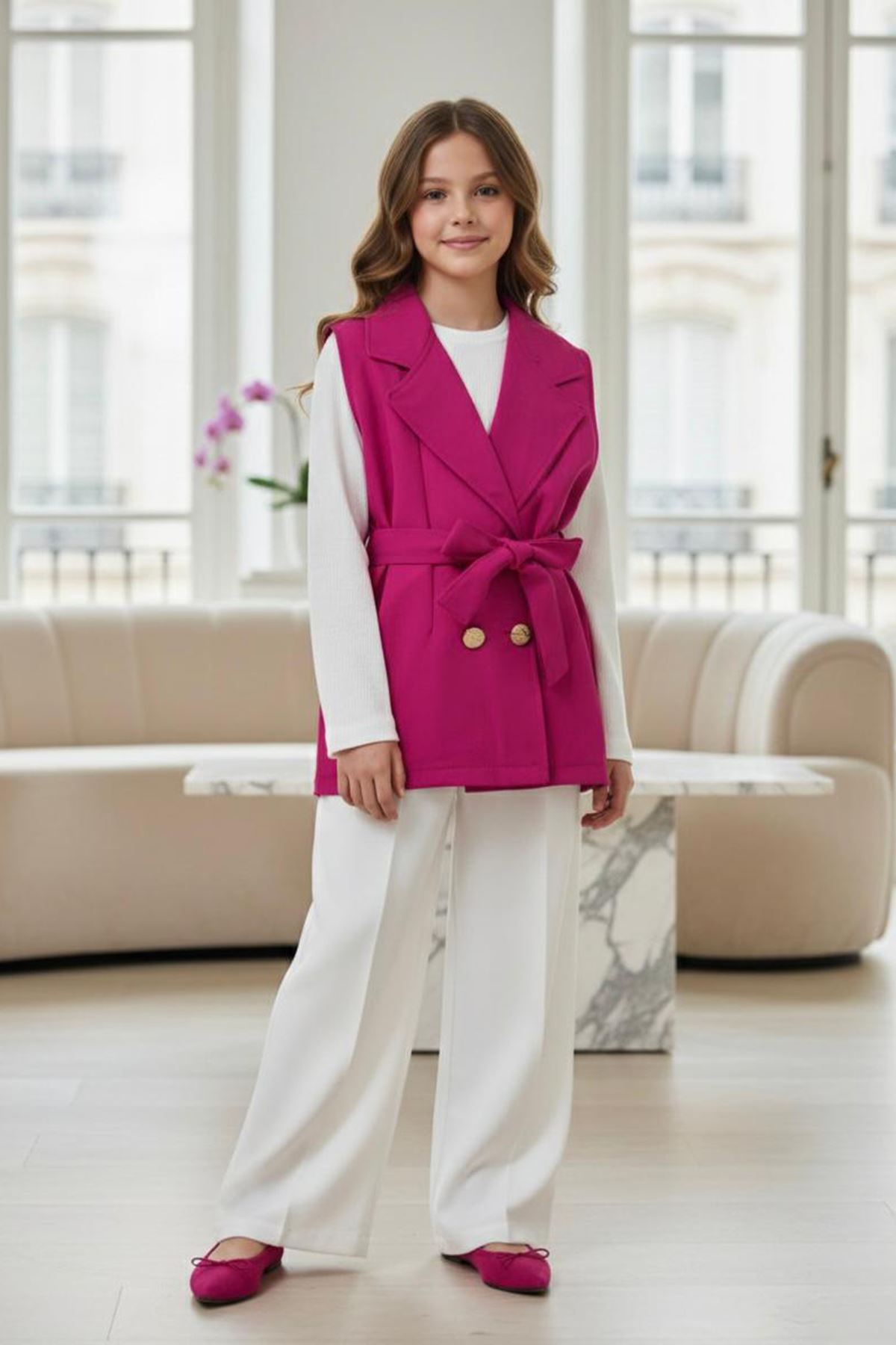 Miniğimin Cicileri Kruvaze Yelekli Kuşaklı Bluzlu Bol Paça Pantolonlu Kız Çocuk 3’lü Takım - Fuşya