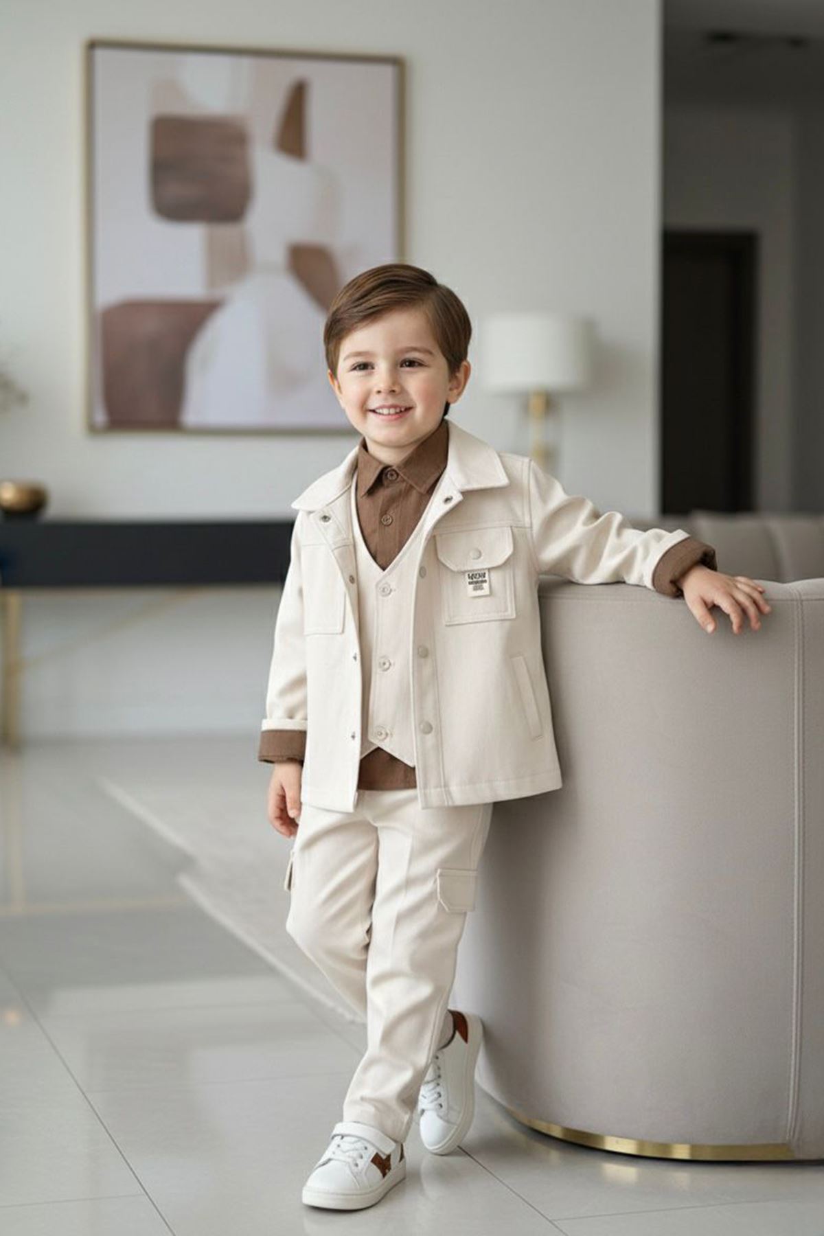 Miniğimin Cicileri NEW Armalı Gabardin Yelek ve Ceketli Gömlekli Erkek Çocuk 4’lü Takım - Taş