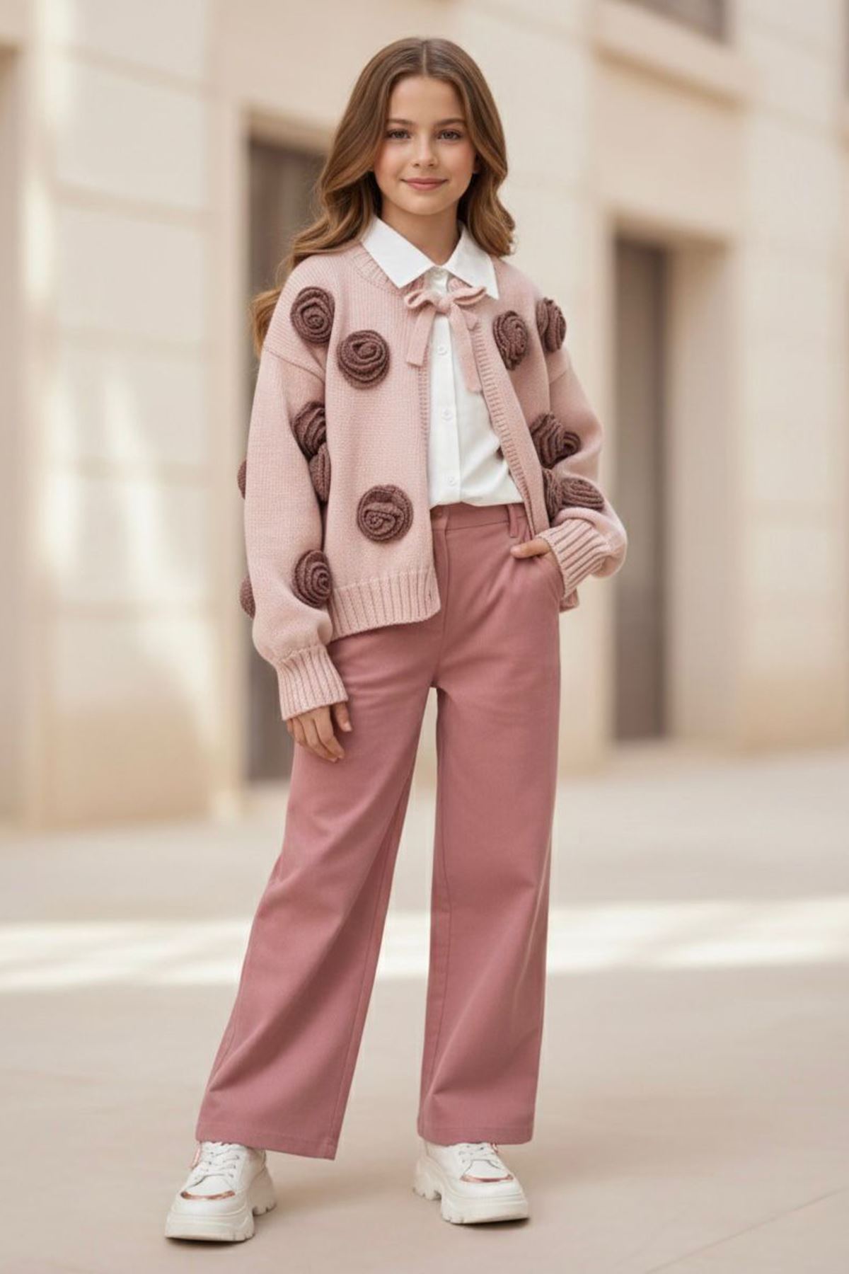 Miniğimin Cicileri 3D Gül Aplikeli Triko Hırkalı Gömlekli Kız Çocuk 3 lü Kombin Takım - Pudra